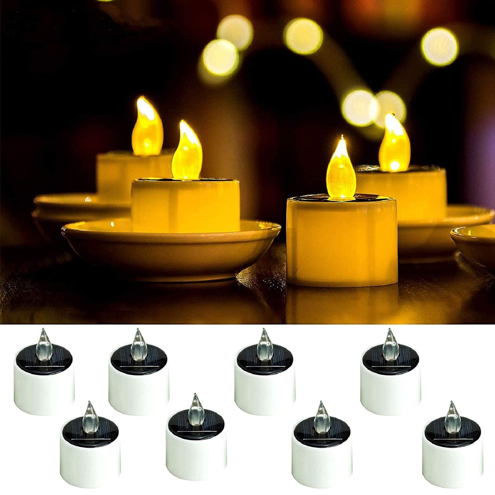 Tuoservo 8 Pack Solar LED Candles - Waterproof Flameless Tea Lights for Outdoor & Indoor Use - Warm White Solar Lights for Party, Wedding, Festival Decoration - Perfect for Patio, Garden, Table Centerpieces and Romantic Ambiance