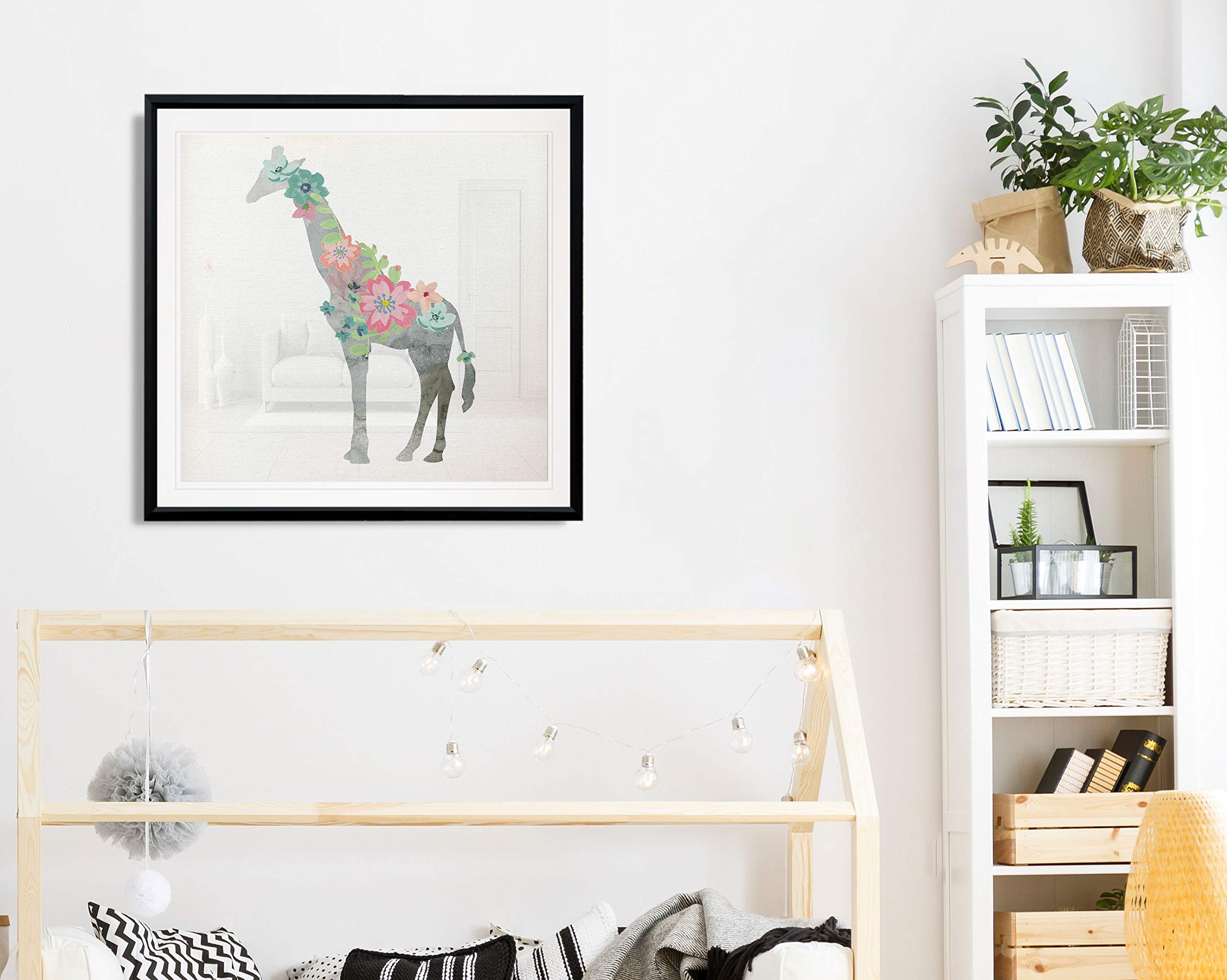 Renditions Gallery Girls Love Flowers Giraffe Painting - Contemporary Framed Giclee Canvas Art Print - Safari Animal Wall Decor for Nursery, Kids Room & Living Room