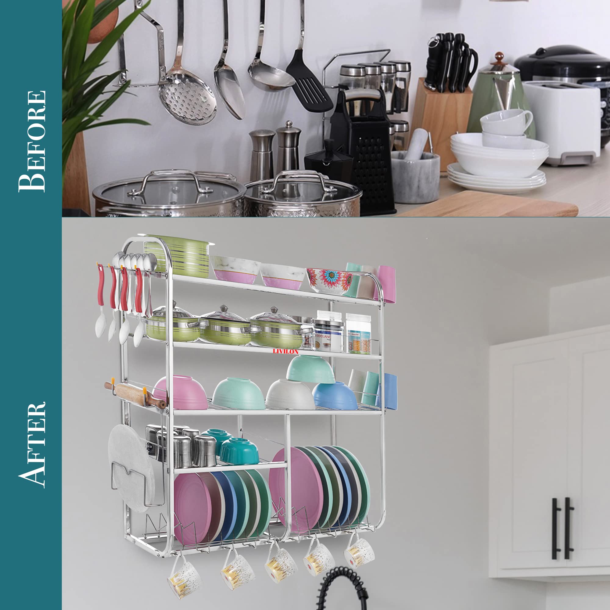 Stainless Steel Wall Mount Kitchen Utensil Rack & Dish Drying Stand - 31x30x10 Inches Organizer for Plates, Cutlery & Cooking Tools | Space Saving Storage Solution for Small Kitchens & Apartments | LVSTLSTLST EE-9