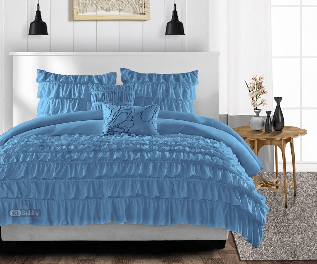 Oversized King Comforter Set - 300 GSM Plush Siliconized Microfiber Fill, Mediterranean Blue Duvet Insert with Ruffles & Piping, Includes Pillowcases - Ultra Soft Bedding for Luxurious Sleep & Guest Room Decor