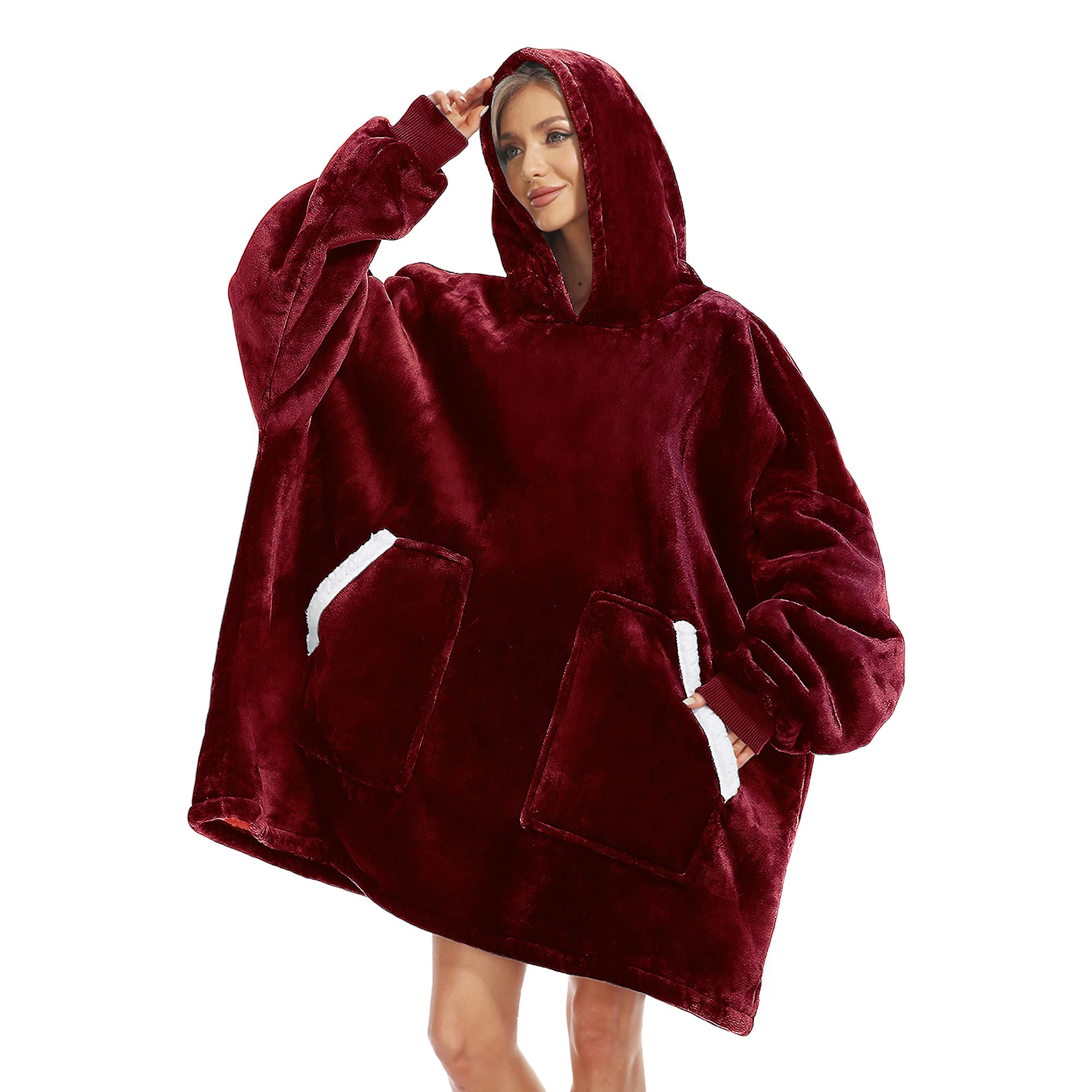 Kipswiza Oversized Wearable Blanket Hoodie - Sherpa Lined Soft Warm Hooded Sweatshirt Blanket for Women & Teens | Cozy Loungewear for Winter Nights, Movie Marathons & Gift Giving (Wine Red)