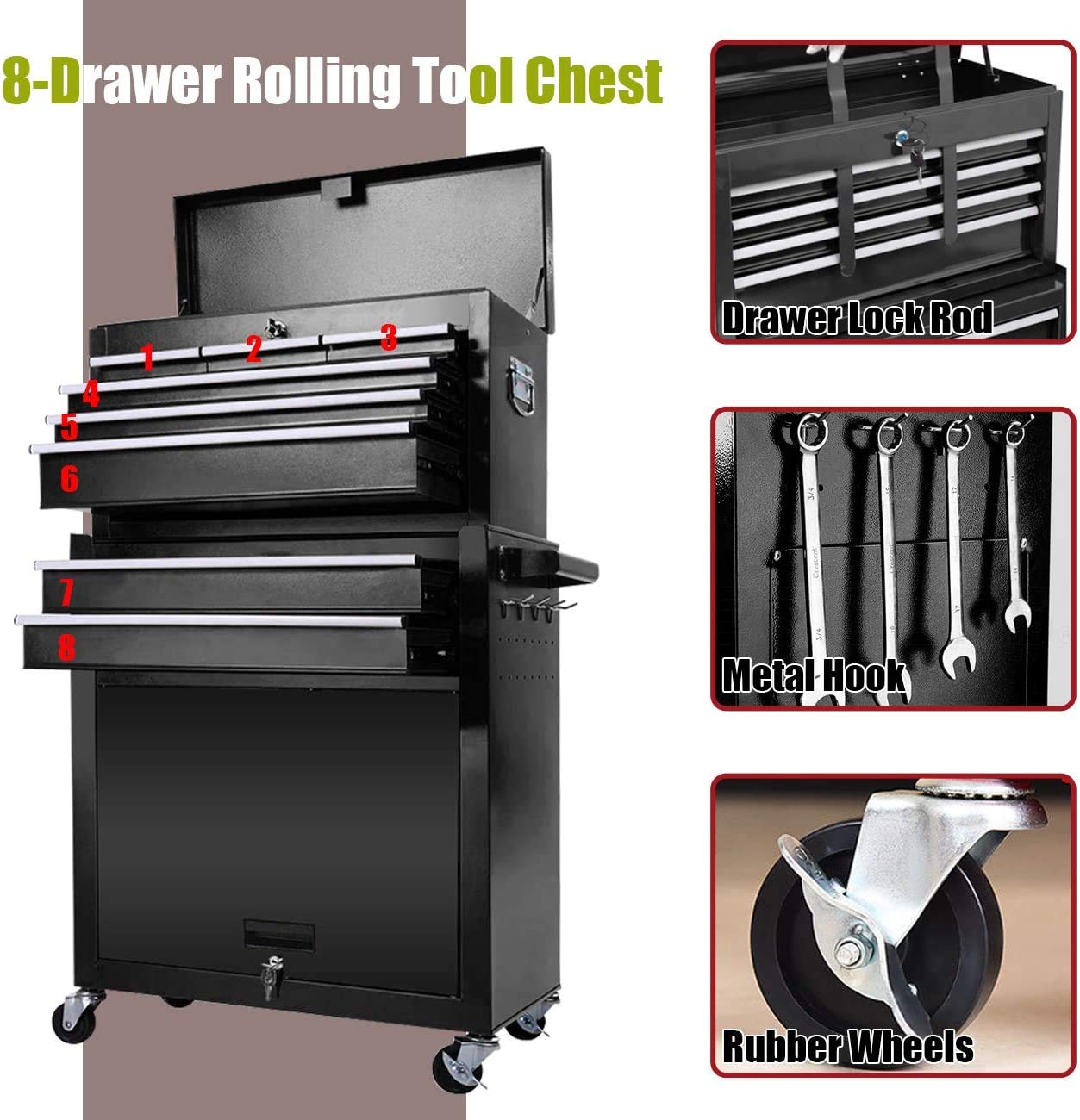 8-Drawer Rolling Tool Chest with Lock - Heavy-Duty Sliding Drawers & 4 Casters - High Capacity Tool Storage Cabinet for Garage, Workshop, Warehouse - Removable Organizer for Mechanics & DIY (Cool Black) - Perfect for Professional Tool Organization & Home Improvement Projects