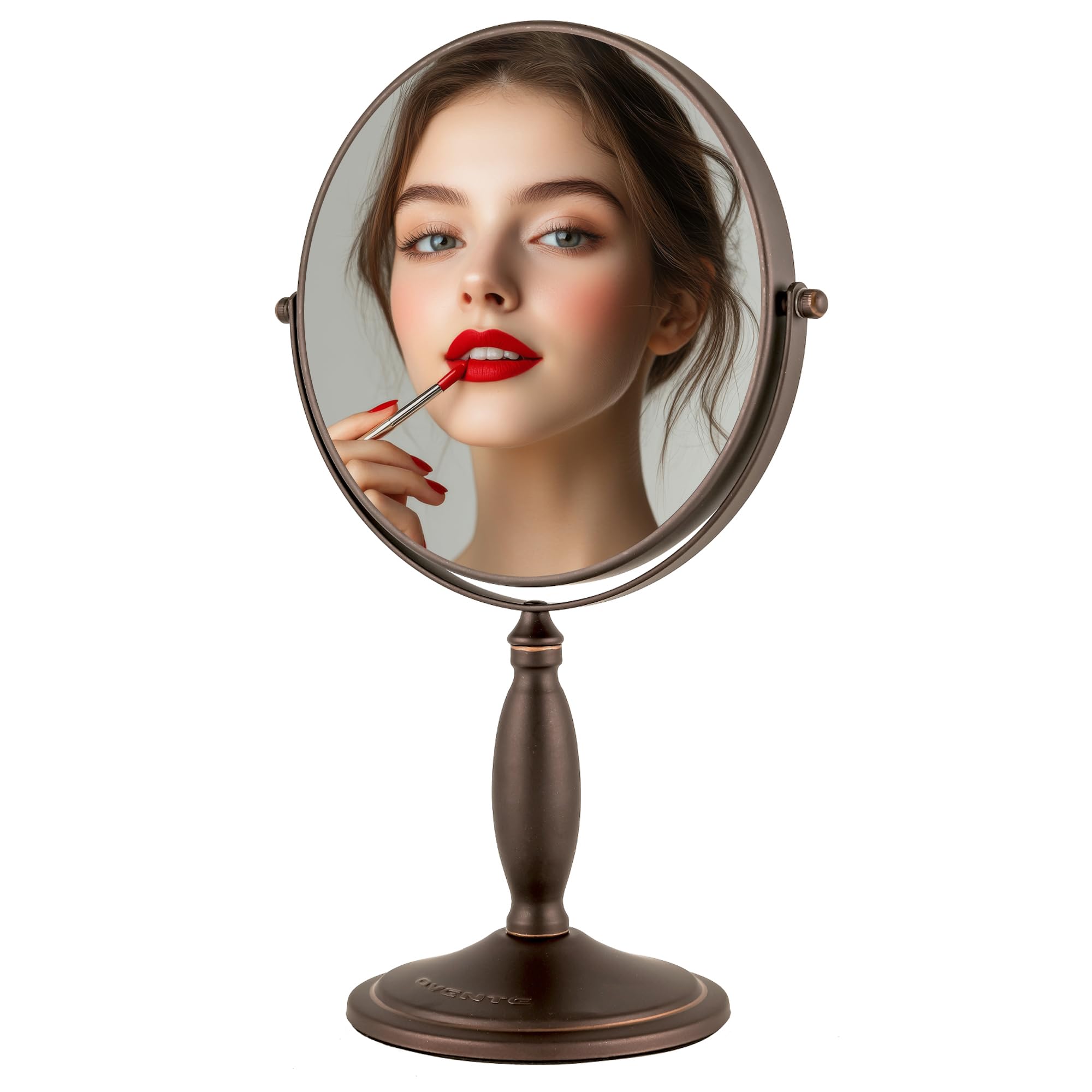 OVENTE 8-Inch Double-Sided Vanity Mirror with 1X/7X Magnification, 360° Swivel Stand - Antique Bronze Makeup Mirror for Dresser, Bedroom & Office Desk | Perfect for Applying Makeup, Skincare & Grooming
