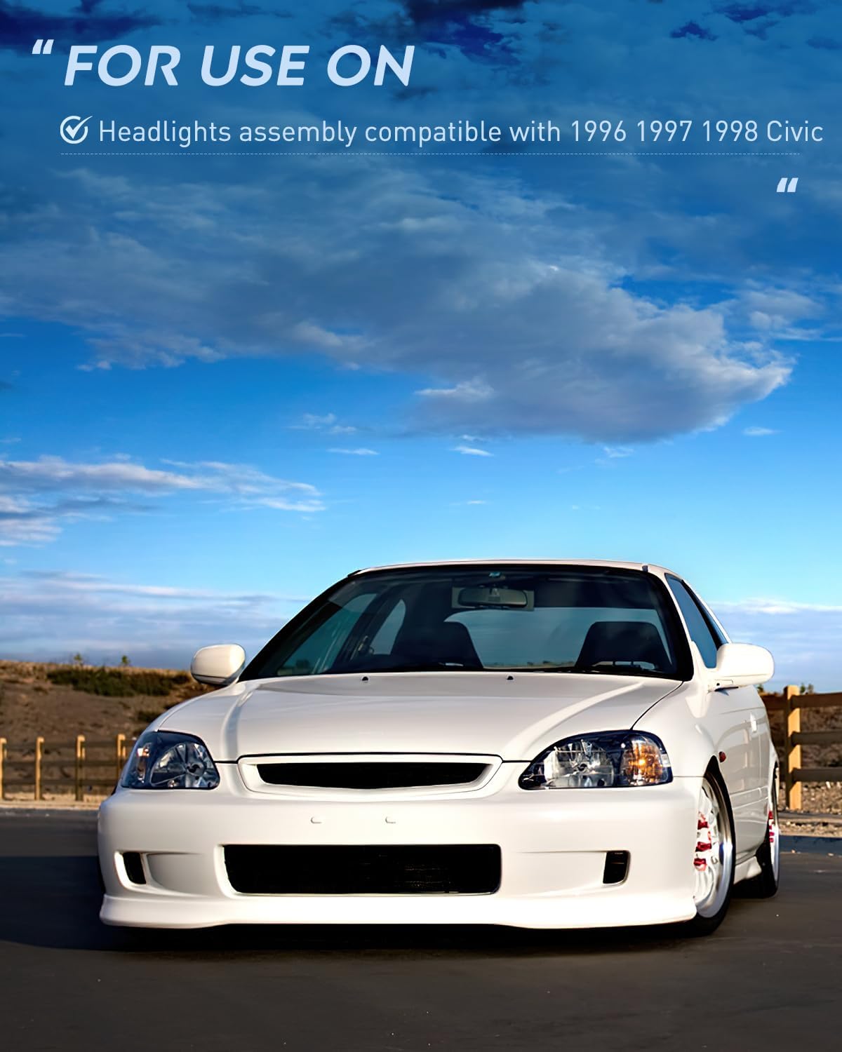 1996-1998 Honda Civic Headlight Assembly - Black Housing with Amber Reflector & Clear Lens Upgrade | Direct Fit Replacement for Improved Night Visibility