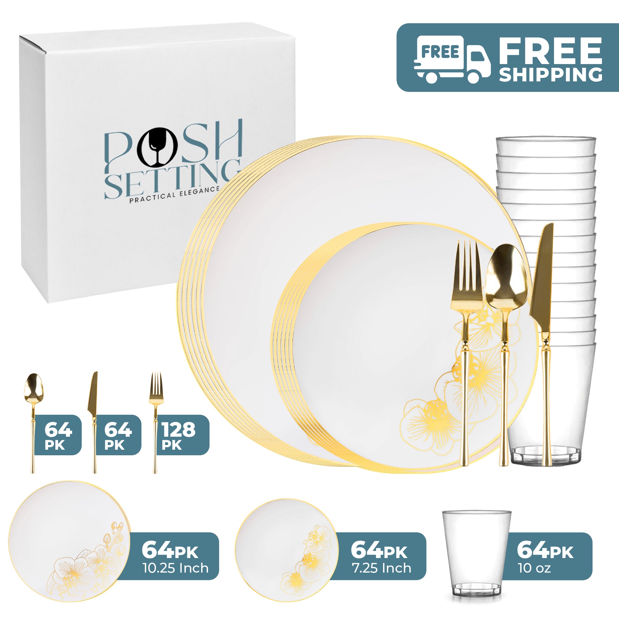 Elegant White and Gold Plastic Party Decorations Bundle - Perfect for Weddings, Birthdays & Special Events | Orchid Themed Celebration Supplies