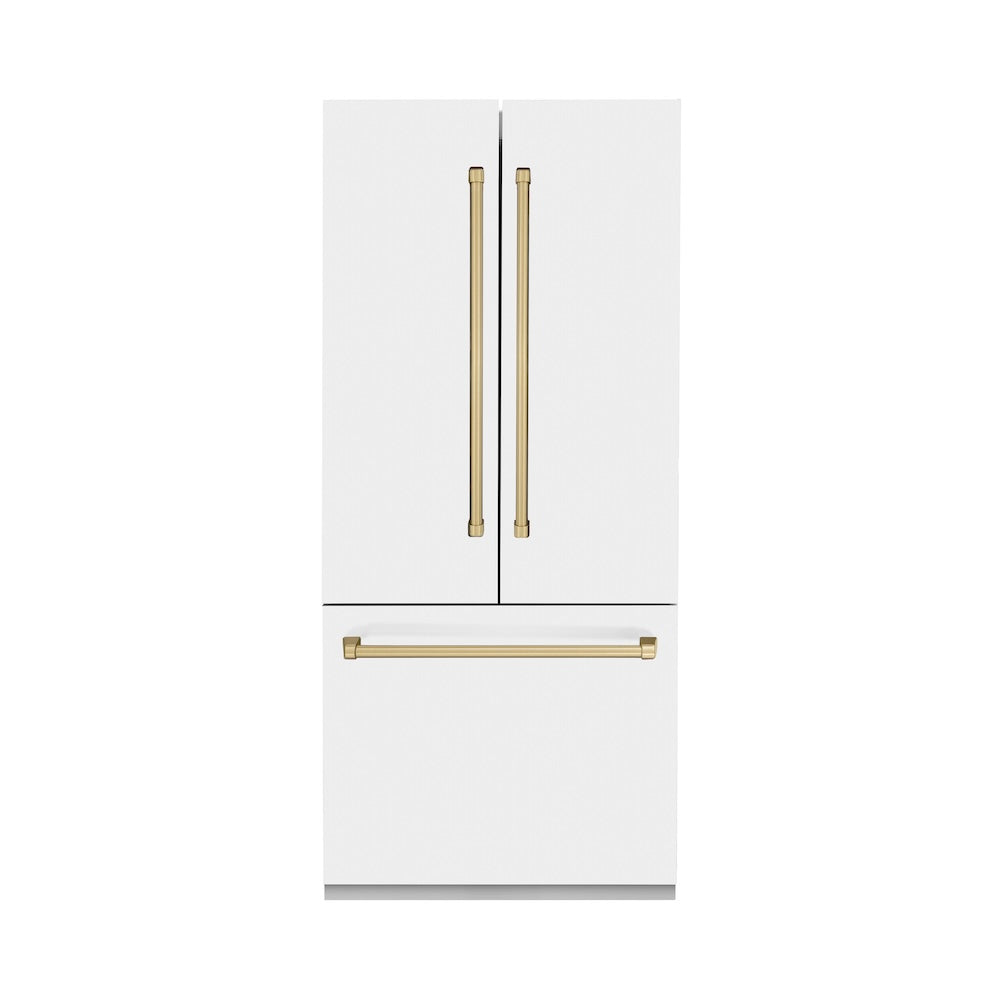 ZLINE Autograph Edition 36 Inch 19.6 cu ft French Door Built-In Bottom Freezer Refrigerator with Water Dispenser & Ice Maker - White Matte with Champagne Bronze Accents (RBIVZ WM 36 CB) | Premium Kitchen Appliance for Modern Homes & Restaurants