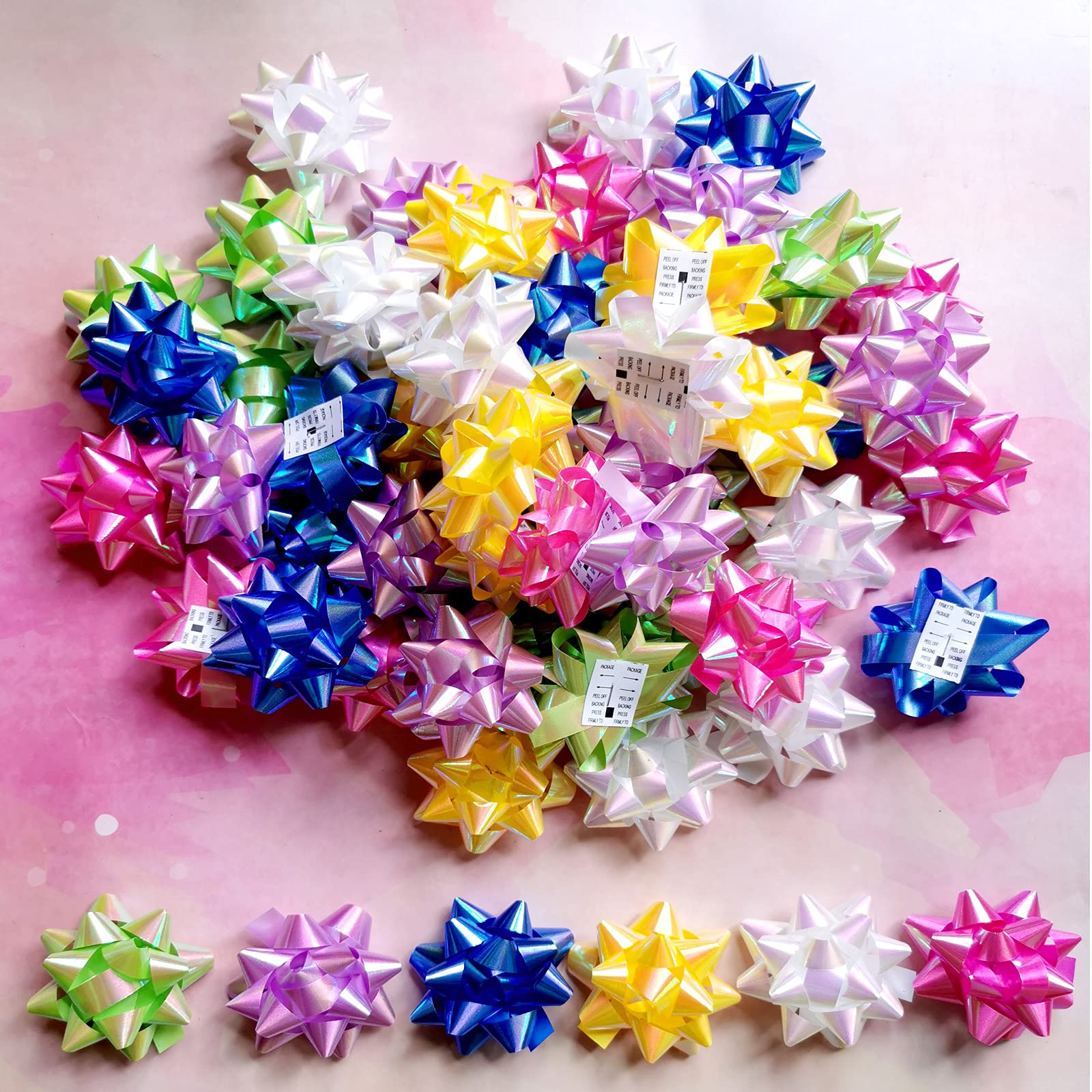 Elify Mini Gift Bows 2.5in - Rainbow Poly Sticky Bows for Gift Wrapping & Crafts