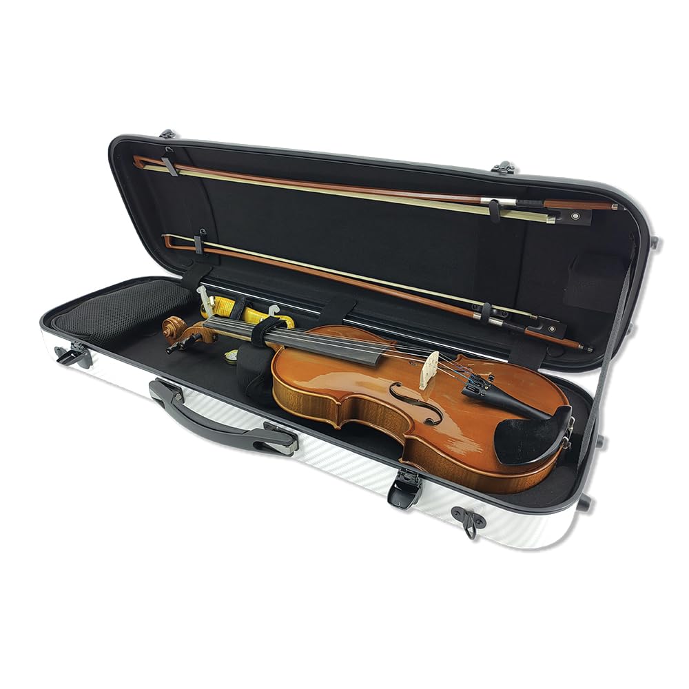 Premium 4/4 Full Size Carbon Fiber Violin Case - Oblong Hard Shell with Soft Padding, Back Straps & Music Sheet Bag (White) - Perfect for Professional Musicians, Travel & Storage