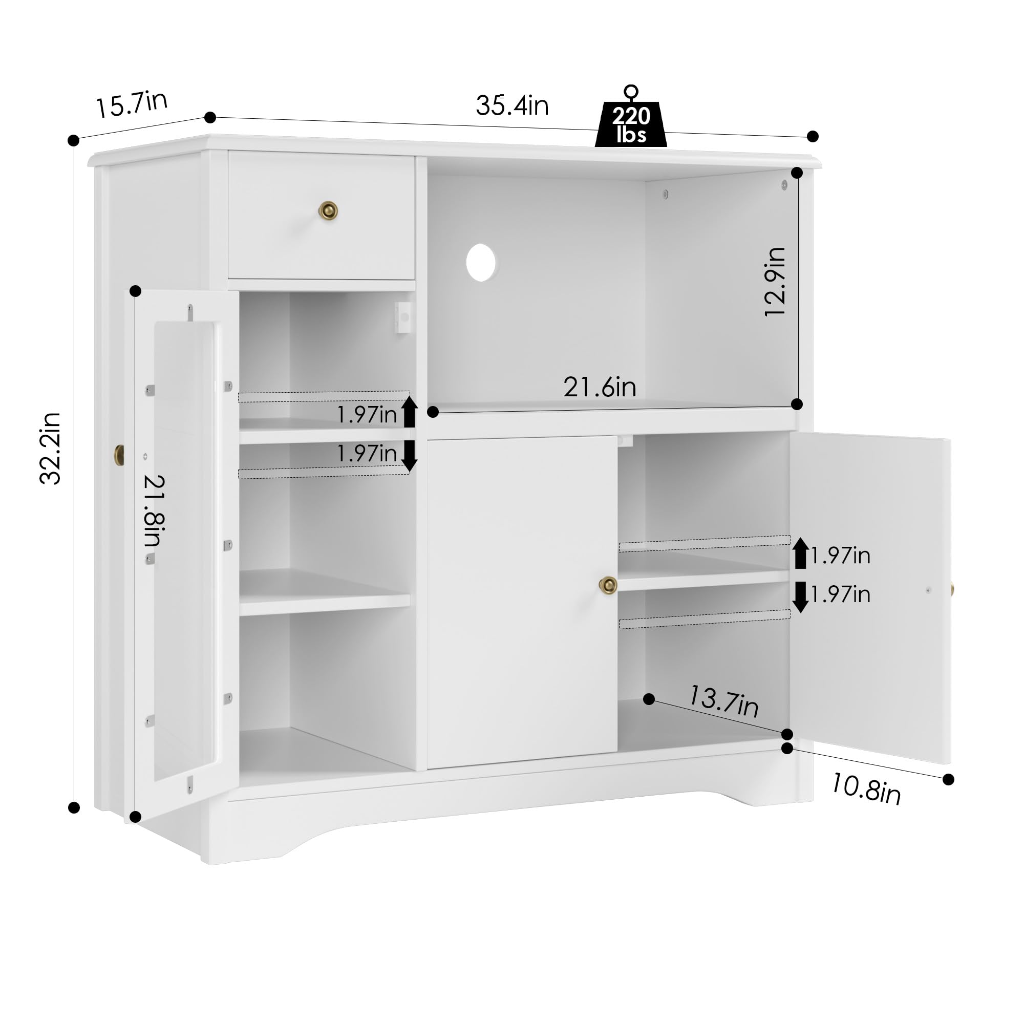 HORSTORS 3-Door Storage Cabinet with Adjustable Shelves & Drawer - White Kitchen Buffet Sideboard for Microwave, Dining Room & Home Organization