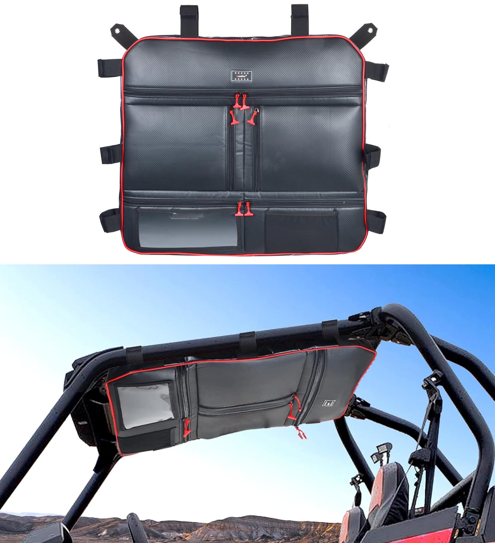 Goldfire Overhead Storage Bag - Universal Roof Top Organizer for Polaris RZR XP 1000 (2 & 4 Seat All Years) - Durable Tool Gear Bag with Red Piping - Perfect for Off-Road Adventures, Camping & Outdoor Storage