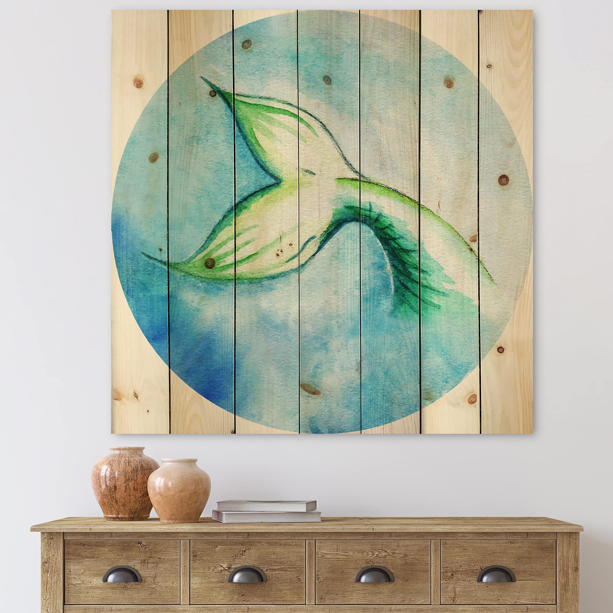 Mermaid Fish Tail Wood Wall Art - Coastal & Nautical Decor, Blue Wooden Wall Panel, Large Animal Print on Natural Pine Wood - Perfect for Beach House, Living Room & Nursery Decor