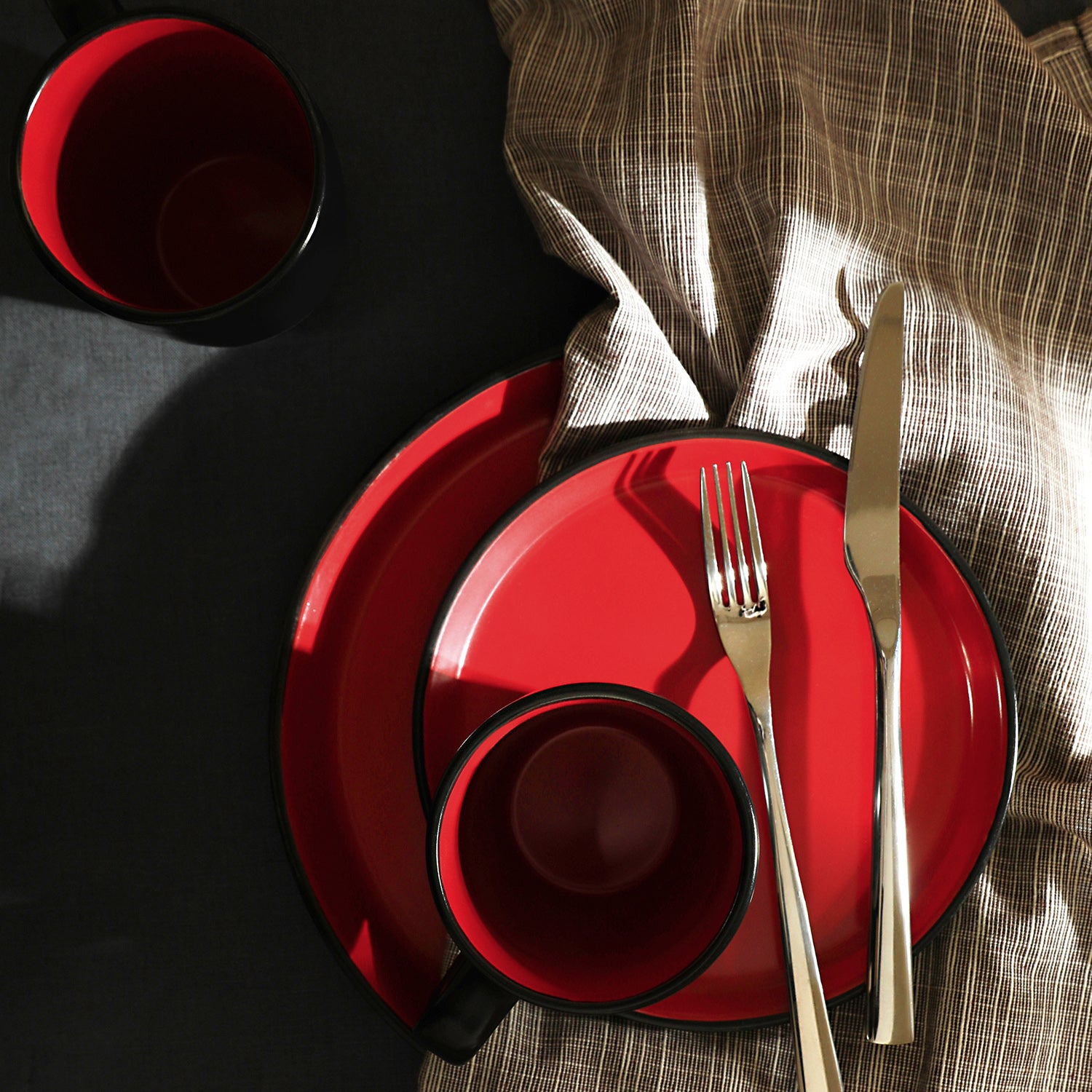 Premium Albie Stoneware Dinnerware Set - Elegant Red & Black 12-Piece Set for Stylish Dining | Perfect for Dinner Parties, Family Gatherings & Everyday Use