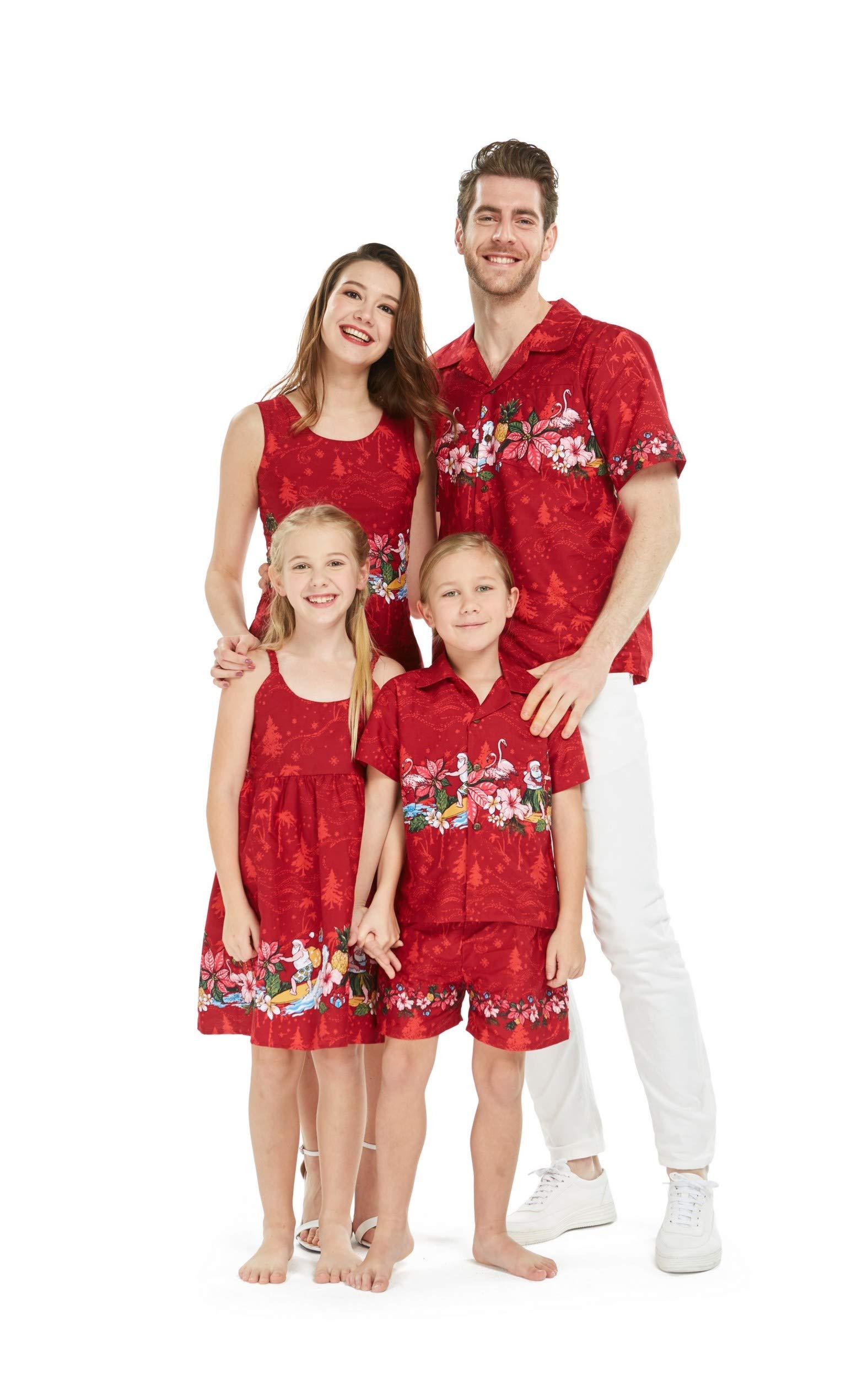 Matching Couples Hawaiian Luau Cruise Christmas Outfits - Santa Red Shirt Dress for Tropical Party, Holiday Cruise & Festive Celebration