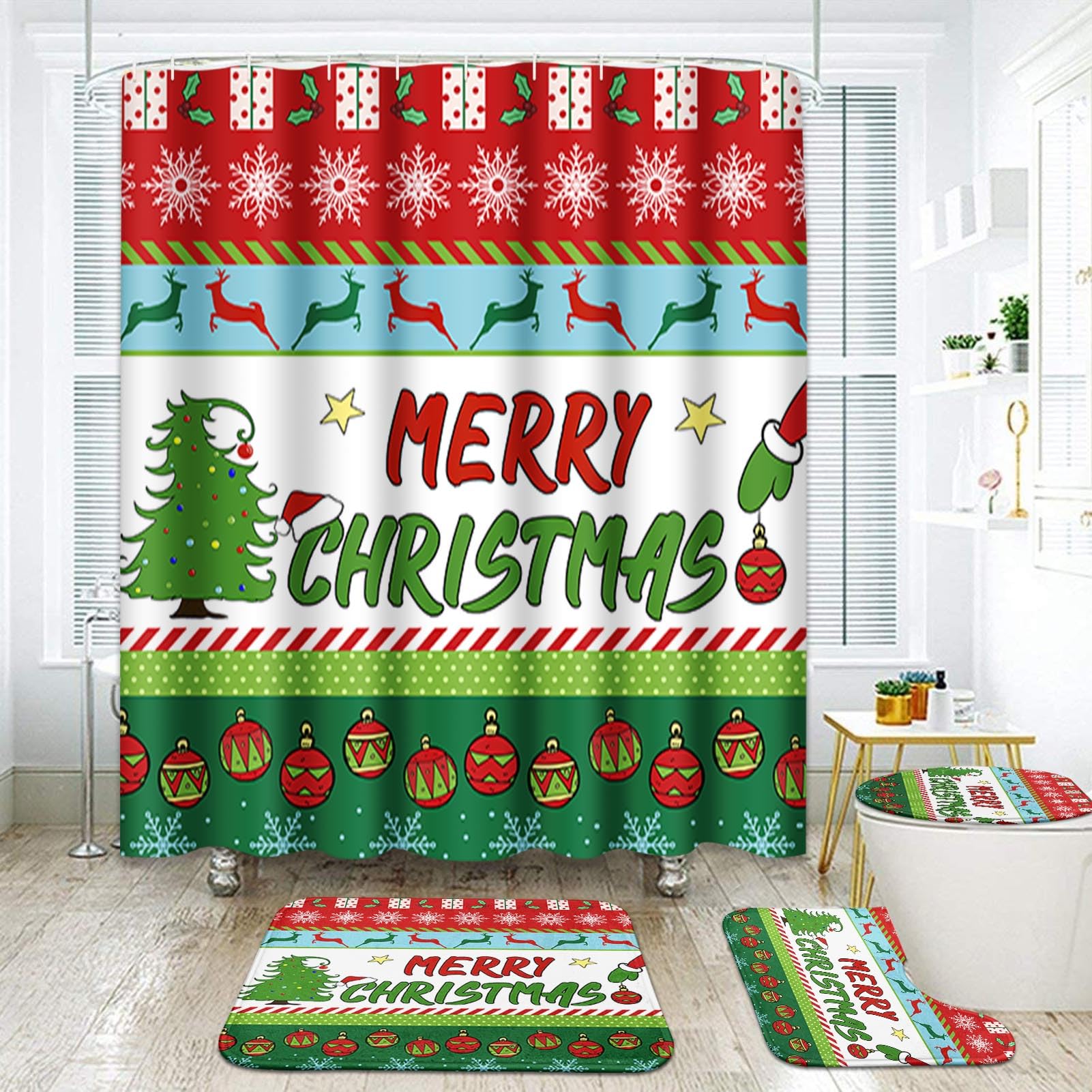 Christmas Bathroom Set with Shower Curtain, Rugs & Accessories - 4PC Holiday Decor for Festive Bathroom - Santa Claus & Tree Ball Design in Red & Green - Perfect for Christmas Home Decor & Gift Giving