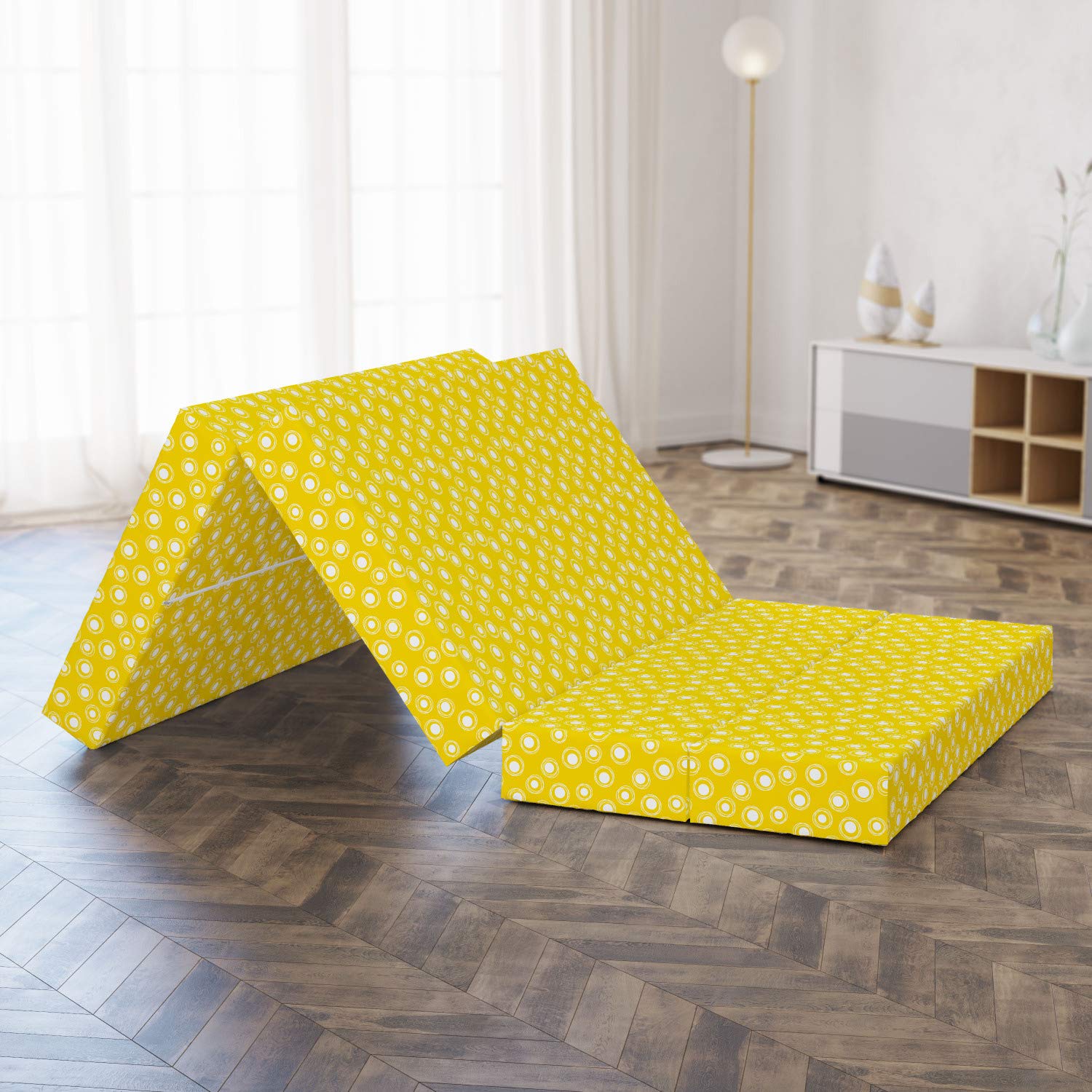 Ambesonne Yellow and White Foldable Mattress - Round Spots Design, 78.7