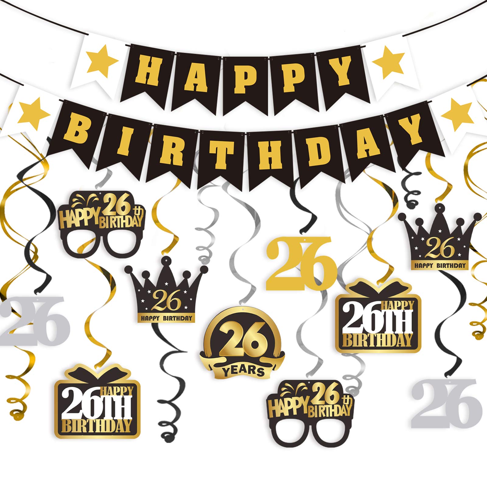LINGTEER 26th Birthday Party Decorations Set - Swirls Streamers, Happy Birthday Banner, Hanging Backdrop for 26 Years Old Celebration | Perfect for Birthday Parties, Home Decor, and Photo Backdrops