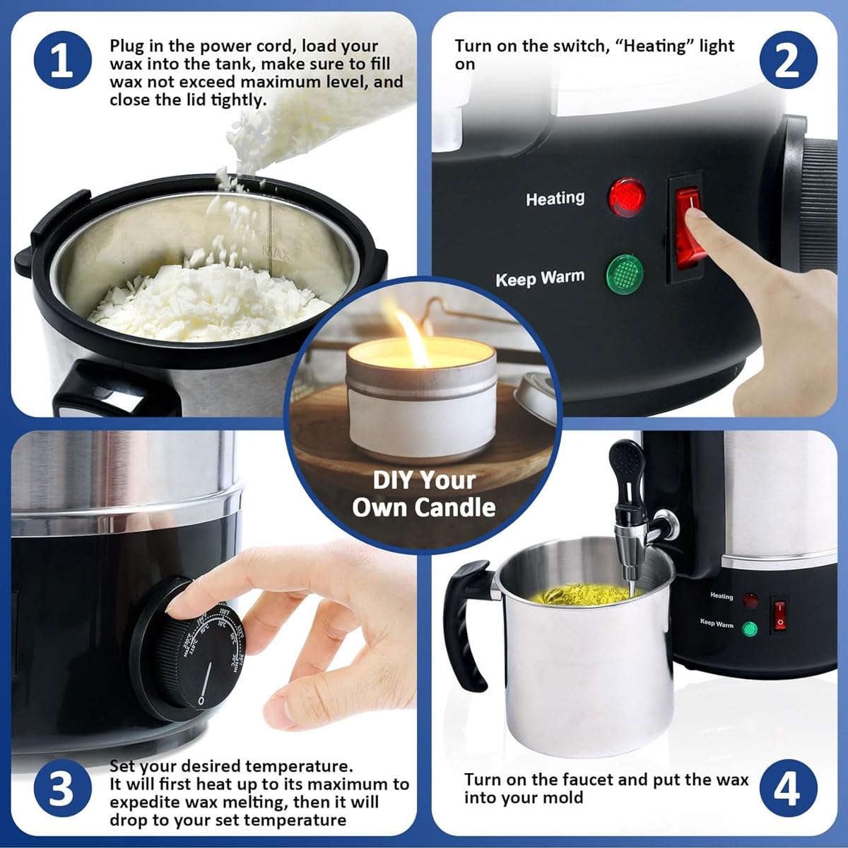 JOSBY 12L Stainless Steel Paraffin Wax Warmer Heater - 1500W Commercial Electric Wax Melting Pot with 86℉-230℉ Adjustable Temperature Control, Dual Layer Insulation & Dry Burn Protection - Perfect for Spa, Salon, Nail Care, Home Waxing & DIY Candle Making
