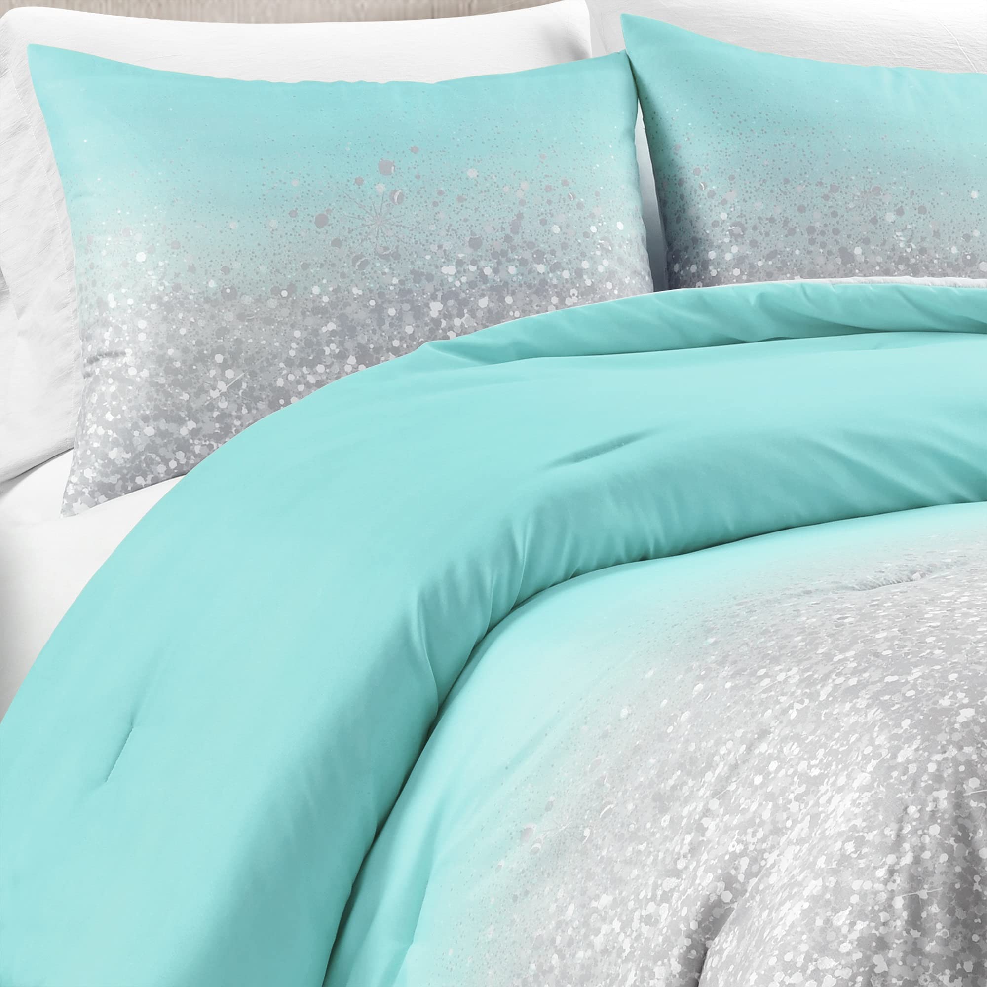 Lush Decor Glitter Ombre Comforter Set - Twin, Aqua Gray for Bedroom Decor