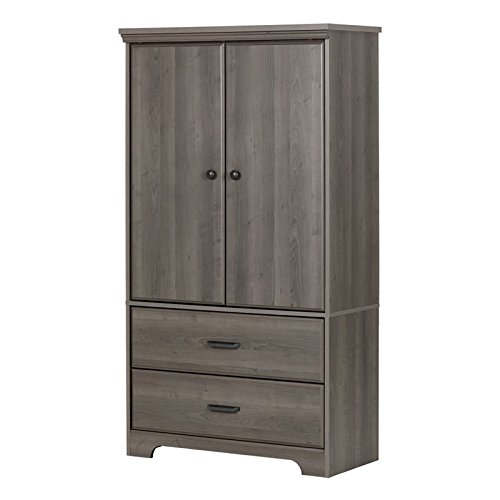 Pemberly Row Small Armoire with Doors & Drawers - 4-Shelf Wood Wardrobe Closet in Distressed Grey Finish | Perfect for Bedroom, Nursery, or Entryway Storage Organization