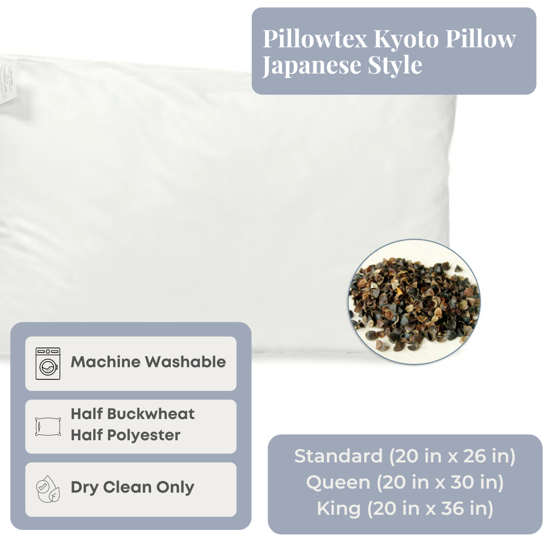 Kyoto Pillow - Half Buckwheat Half Polyester Japanese Style Pillow for Neck Support & Comfort | Perfect for Side Sleepers, Back Pain Relief & Zen Bedroom Decor