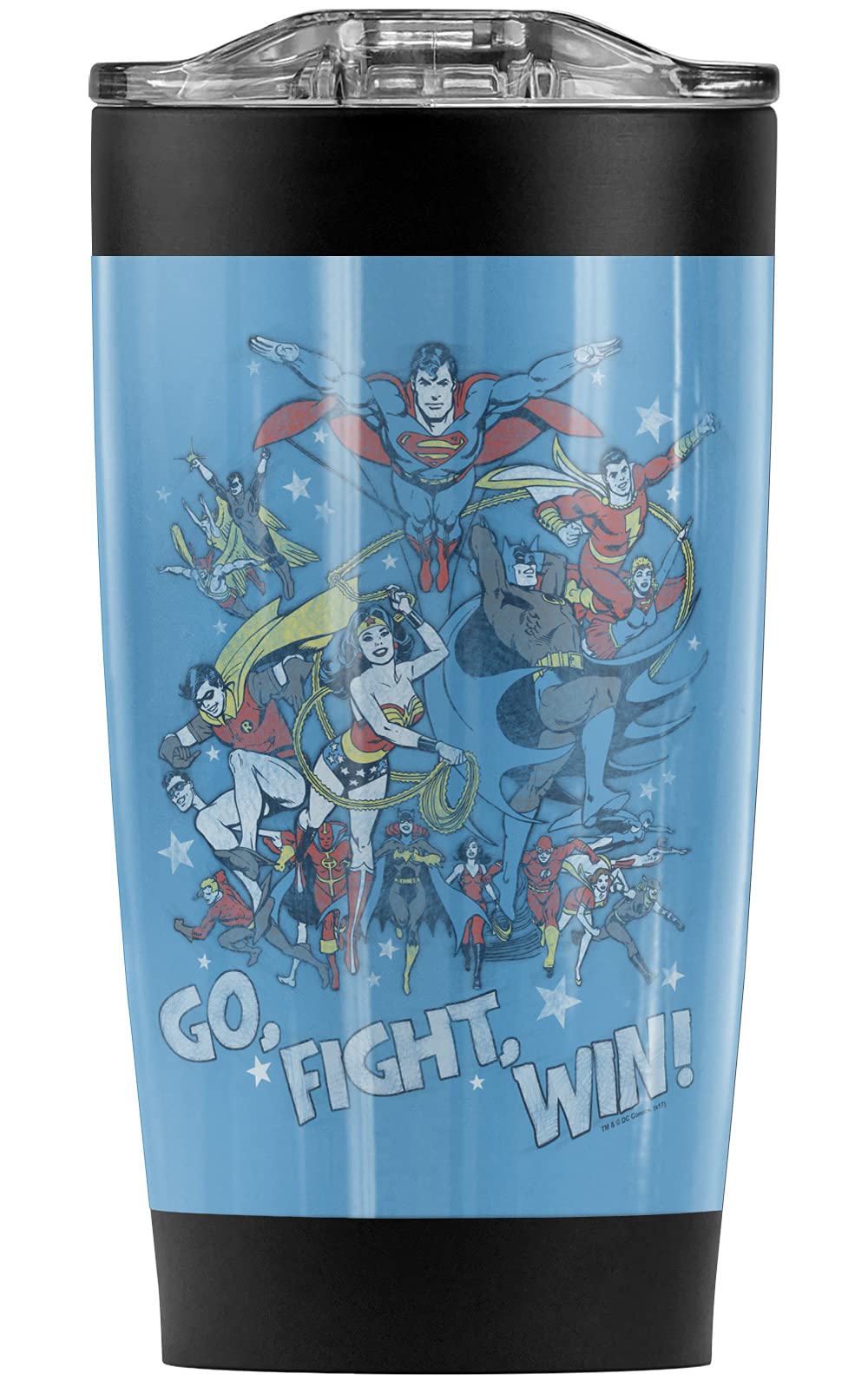 Justice League Go Fight Win 20 oz Stainless Steel Tumbler - Vacuum Insulated Coffee Travel Mug with Leakproof Lid | Keeps Hot & Cold Beverages Perfect | Ideal for Office, Gym, Camping & Commuting