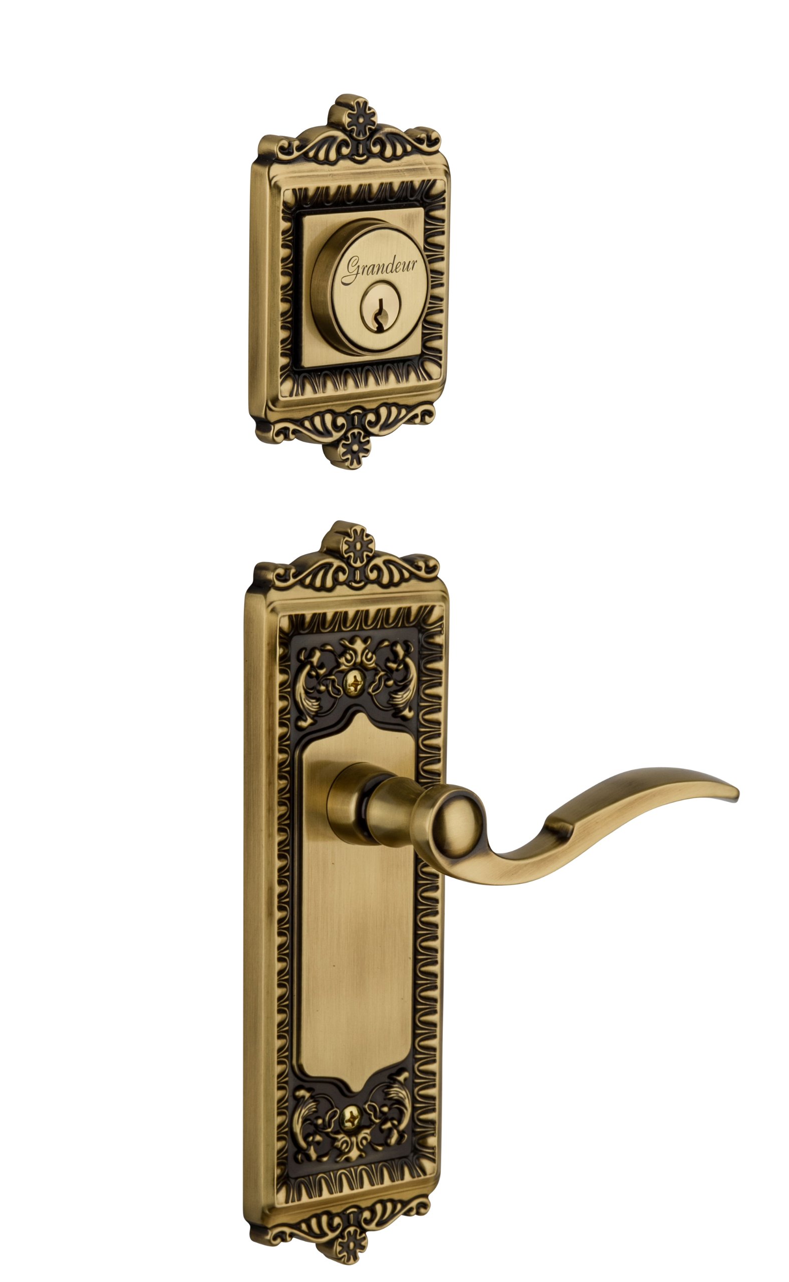 Vintage Brass Grandeur Windsor Plate with Bellagio Lever & Matching Deadbolt - Complete Single Cylinder Door Lock Combo Set | Perfect for Victorian Homes, Bedrooms & Office Doors