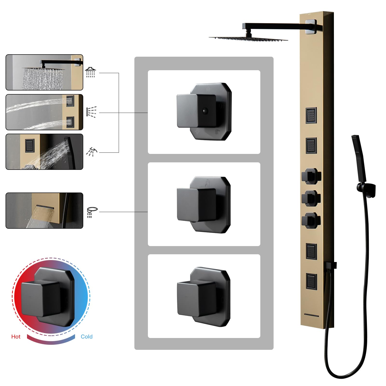 Homevacious Stainless Steel Shower Panel Tower System - Wall-Mounted Rainfall Shower Head with 4 Massage Jets, Handheld Shower & Tub Spout in Polished Gold | Luxury Bathroom Upgrade for Spa-Like Experience