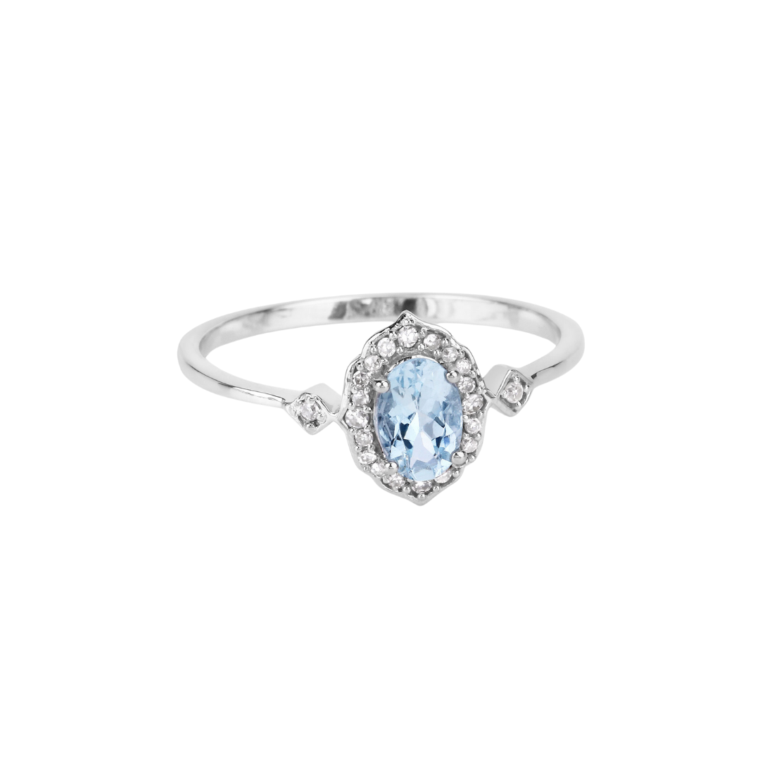 Blue Oval Aquamarine Diamond Halo Ring - 14K White Gold March Birthstone Jewelry for Women - Perfect for Engagement, Anniversary & Special Occasion Gifts