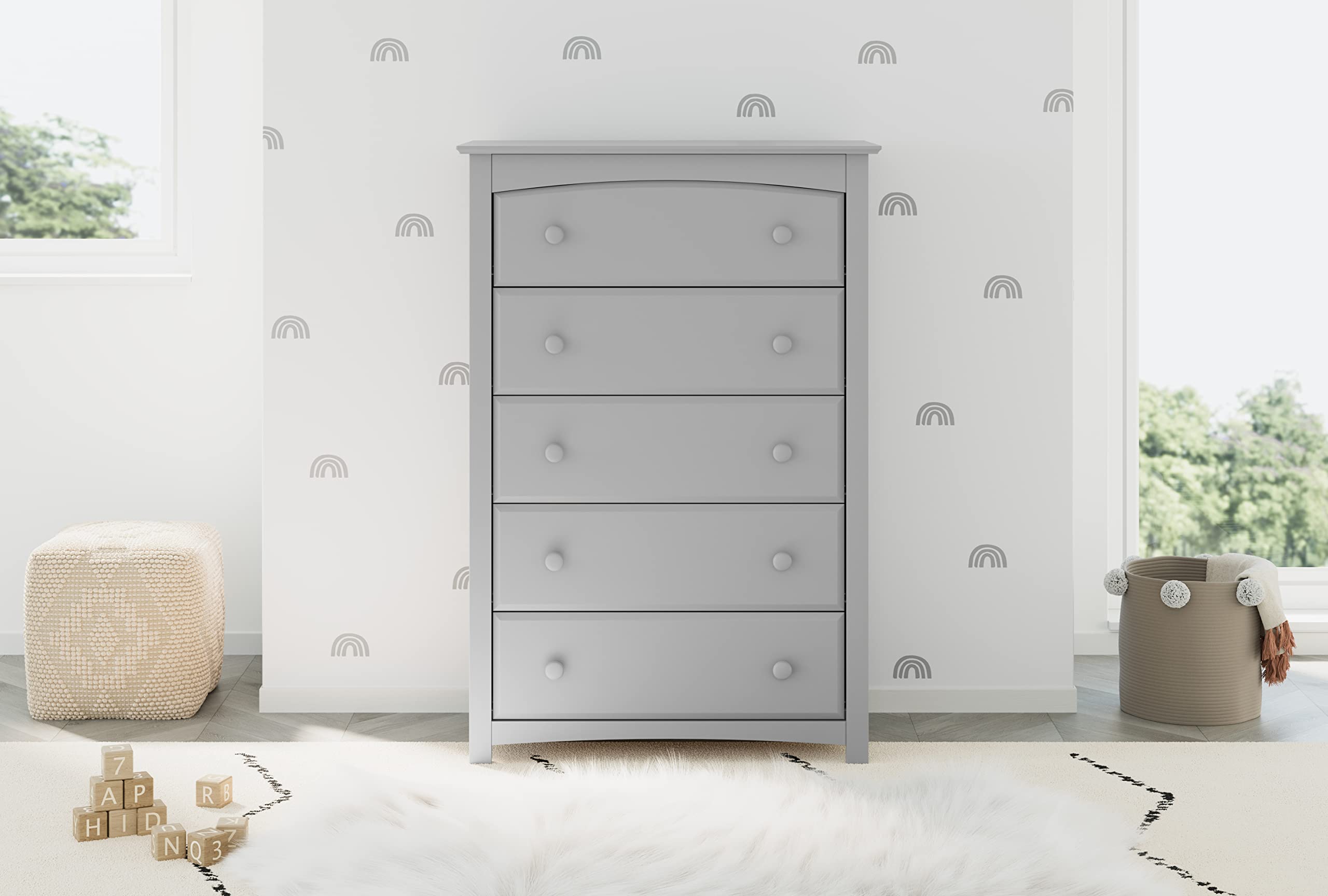 Storkcraft Kenton 5-Drawer Universal Dresser in Pebble Gray - Solid Wood & Composite Kids Bedroom Dresser with Smooth Gliding Drawers - Perfect for Nursery, Toddler Room & Children's Bedroom Storage Solutions