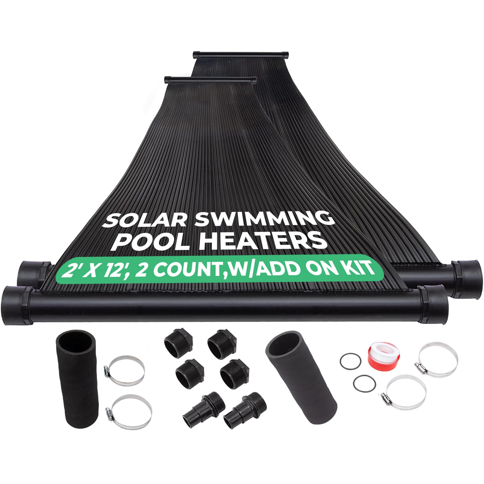 SunQuest Solar Pool Heater Panels - 2 Pack (2ft x 12ft) Solar Water Heating Collectors with Installation Kit - for Above Ground & Inground Swimming Pools - DIY Polypropylene UV-Resistant Panels | Extend Swimming Season & Reduce Energy Costs