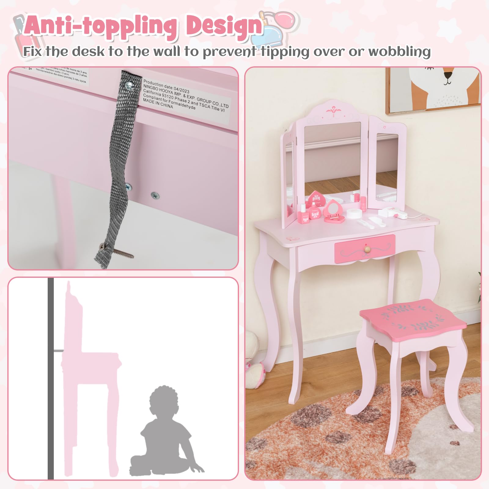 INFANS Kids Vanity Set - 2-in-1 Princess Makeup Table & Chair with Tri-Fold Mirror, 10 Accessories, Wooden Dressing Table for Girls - Perfect for Birthday Gifts, Pretend Play & Room Decor (Pink)