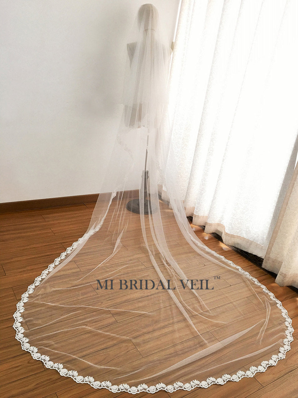 Elegant Cathedral Lace Wedding Veil with Blusher | Fingertip Length Lace Bridal Veil | Perfect for Church Weddings & Formal Ceremonies