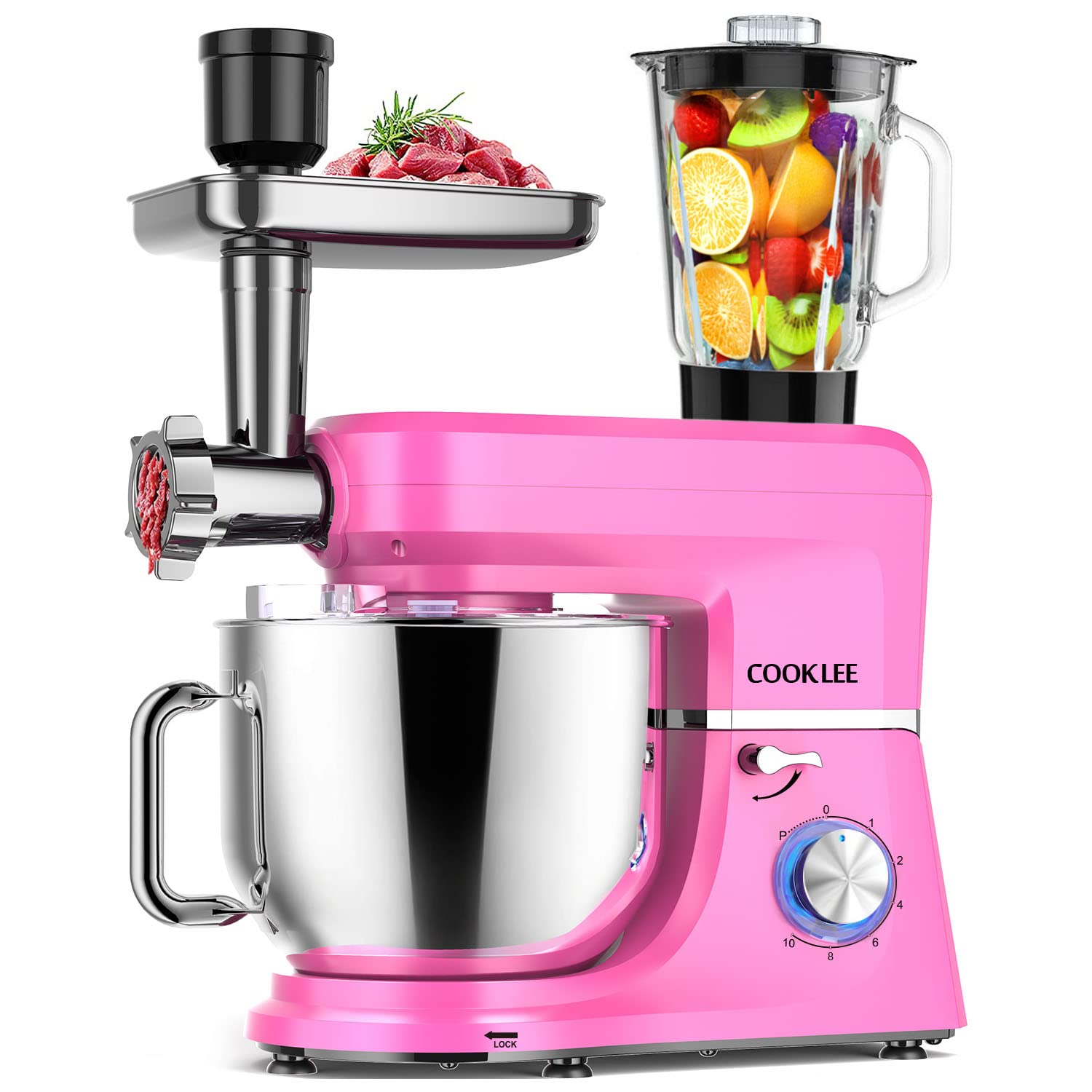 COOKLEE 6-in-1 Stand Mixer, 8.5 Qt. Multifunctional Electric Kitchen Mixer with 9 Attachments - Powerful 550W Motor, Dough Hook, Whisk & Beater - Perfect for Baking Cakes, Cookies, Bread & More (SM-1507BM, Pink)