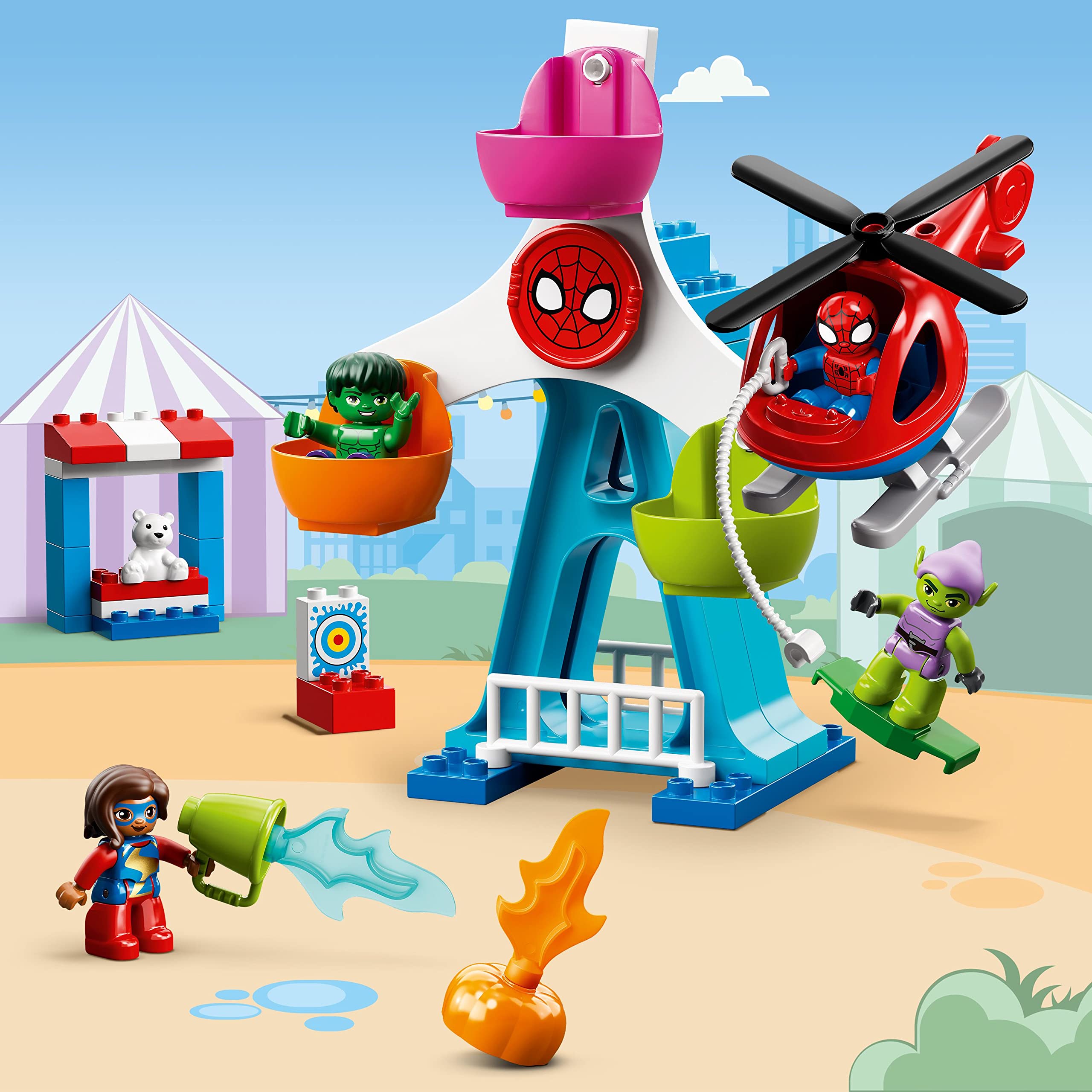 LEGO DUPLO Marvel Spider-Man & Friends: Funfair Adventure 10963 Building Toy Set with Helicopter, Spidey & Hulk Figures – Interactive Fairground Playset for Toddlers, Boys & Girls Ages 2+ – Creative Play, Birthday Gift & Early Learning Activity