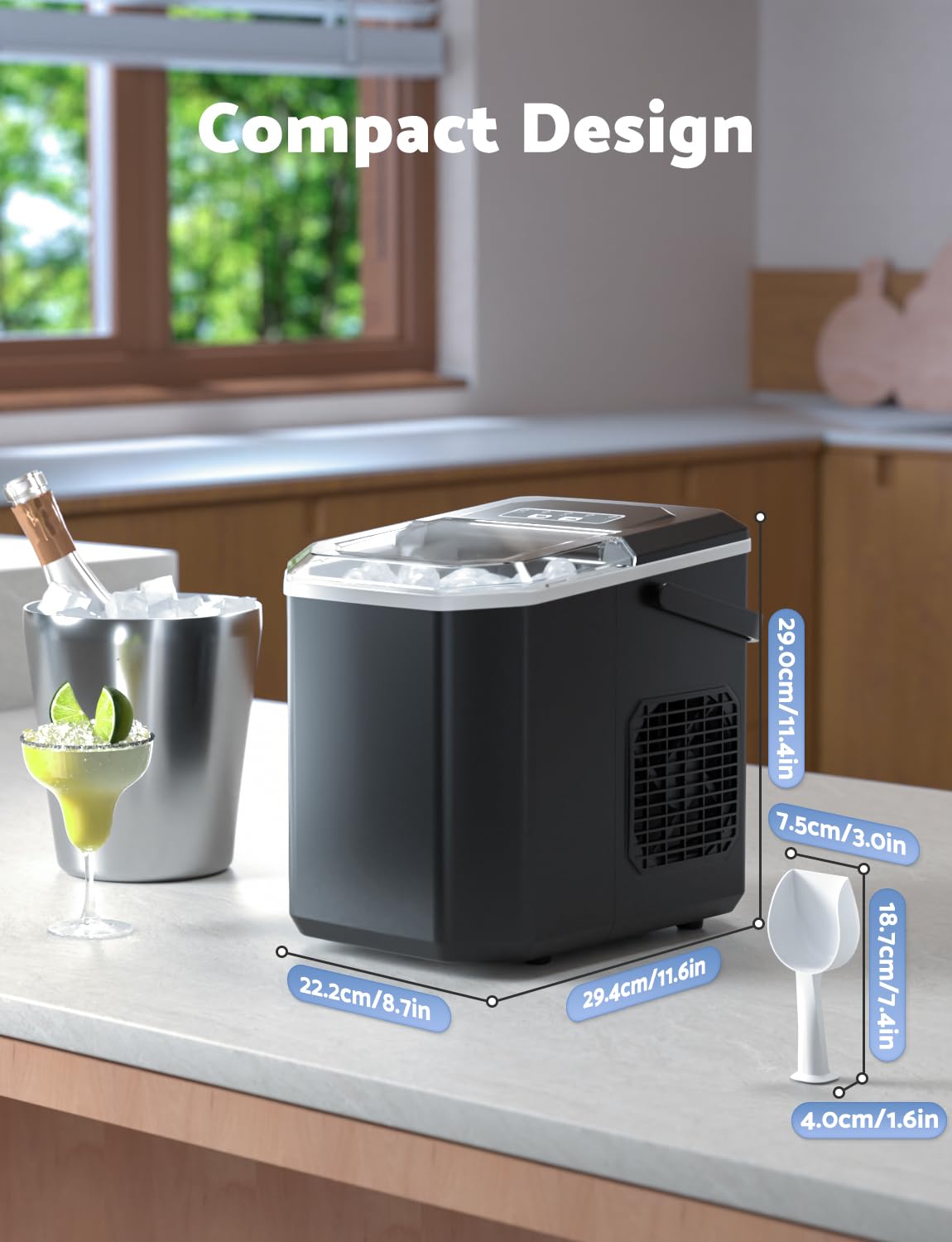 Portable Countertop Ice Maker Machine - 9 Ice Cubes in 6-8 Minutes, 26.5 Lbs Daily Output, Self-Cleaning with Ice Scoop - Perfect for Home, Kitchen, Office, RV & Outdoor Camping Use