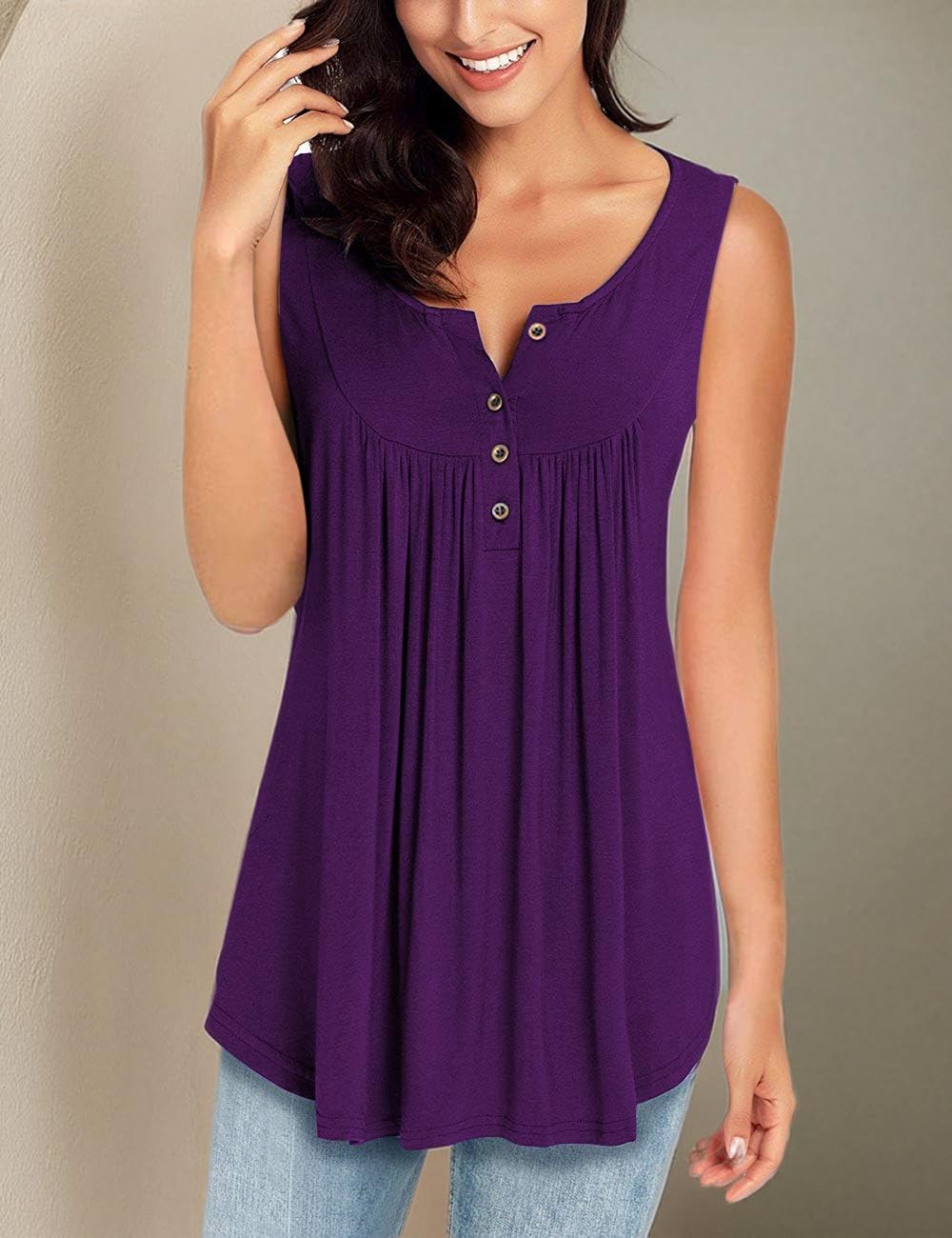 MIROL Women's Summer Sleeveless V-Neck Solid Color Casual Swing Shirt - Flowy Button Down Tank Top Blouse for Beach, Vacation & Everyday Wear