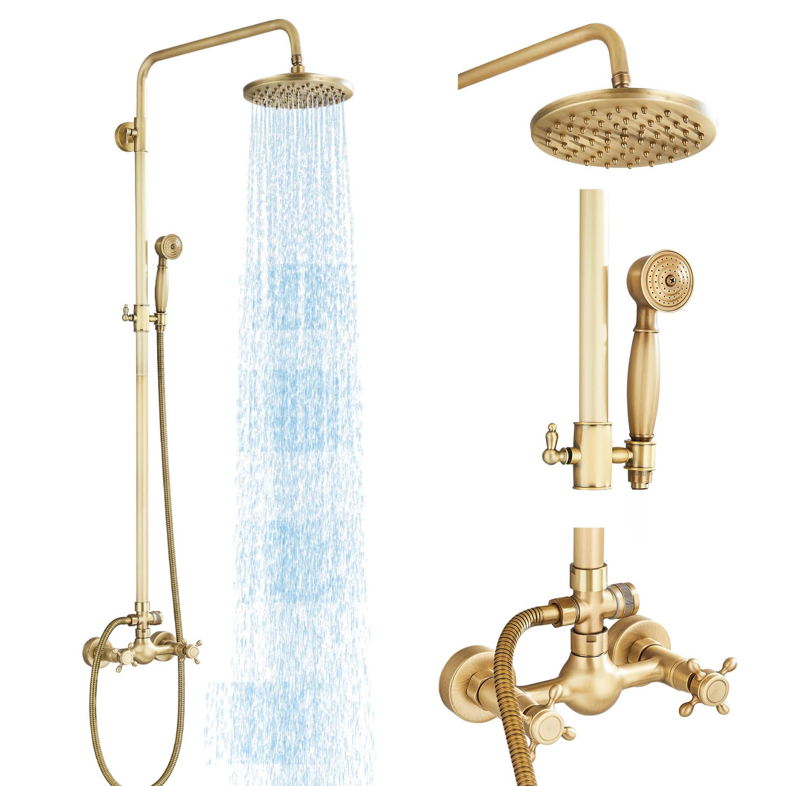 Antique Brass Shower System - 8 Inch Rainfall Shower Head & Handheld Spray - Wall Mounted Bathroom Faucet Set with 2 Cross Handles - Solid Brass Construction - Perfect for Outdoor Showers, Master Bathrooms & Spa-Like Experiences