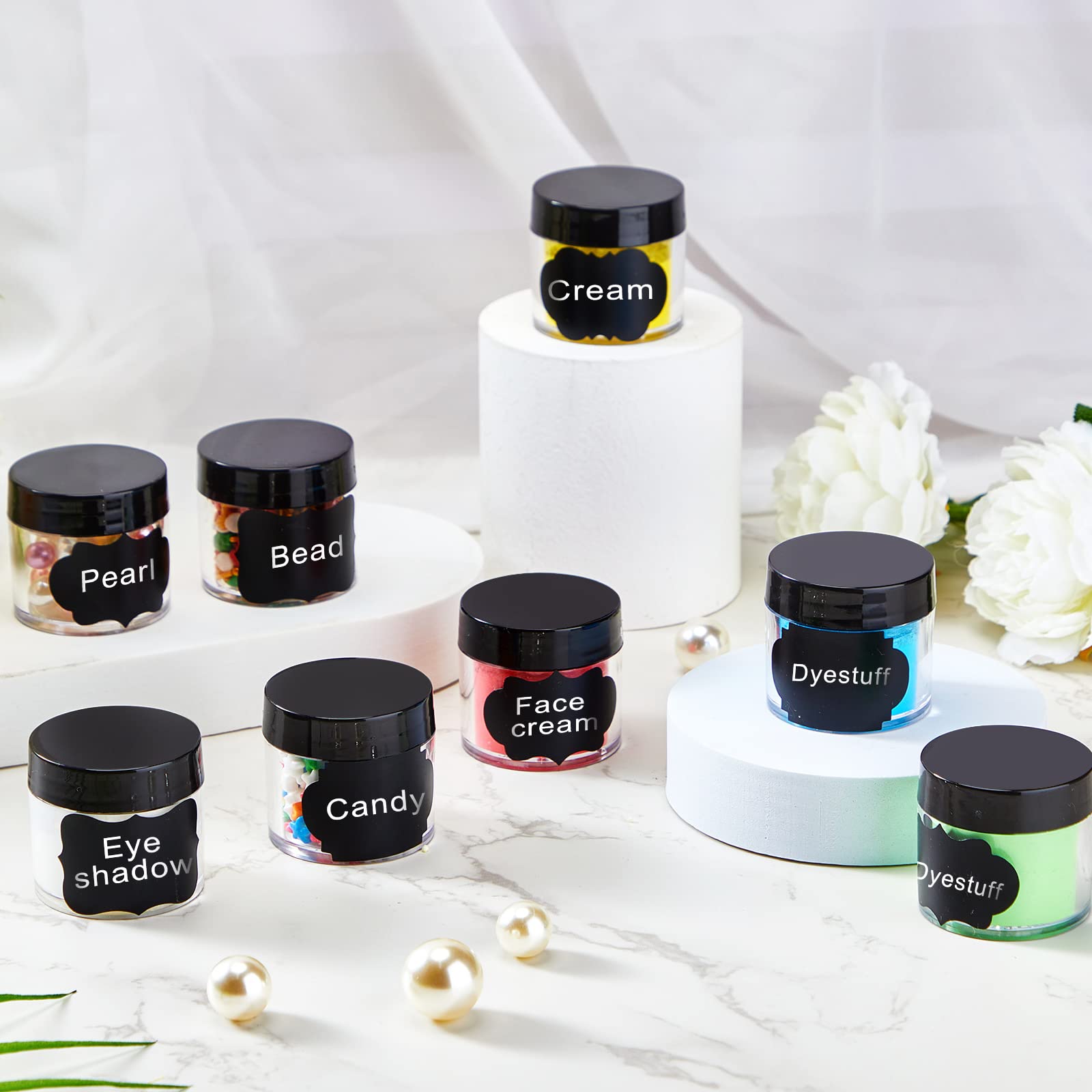 100-Piece Plastic Travel Makeup Jars with Lids - 1oz Small Cosmetic Containers for Creams, Toiletries & Skincare - Includes Chalkboard Labels & Marker (Black) | Perfect for DIY Beauty, Travel Organizers & Sample Storage