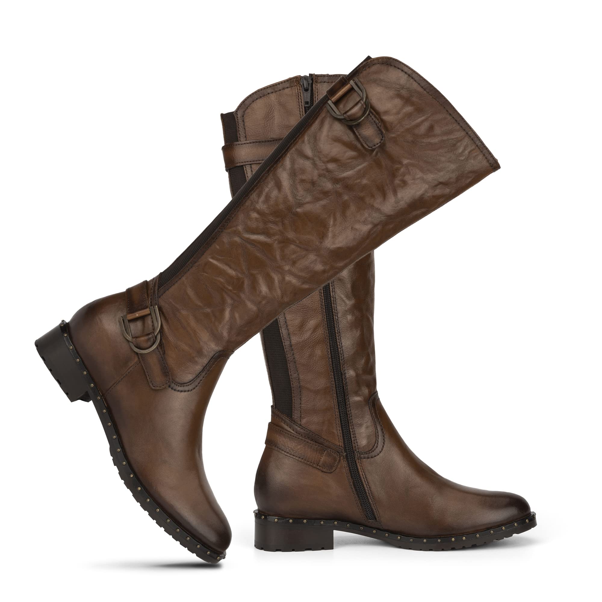 Vintage Foundry Co. Women's Sahara Fashion Casual Leather Knee-High Boots with Zipper & Buckle Closure, Round Toe & Durable Rubber Outsole - Perfect for Fall Outfits, Winter Fashion & Everyday Wear
