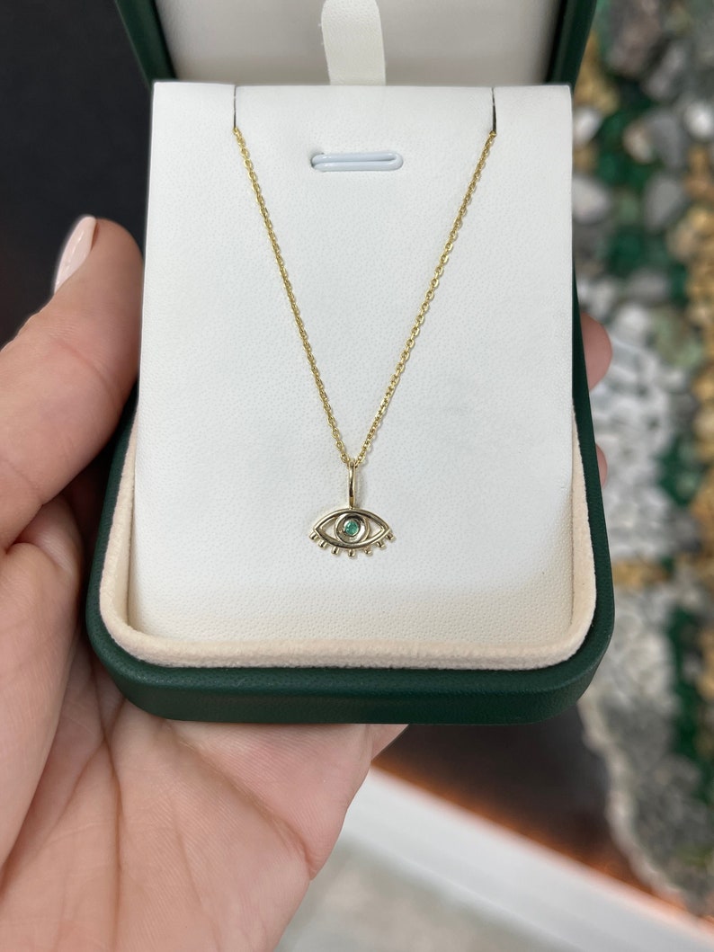 0.10 Carats Round Cut Genuine Emerald Evil Eye Pendant Necklace in 14K Solid Gold - Protection Jewelry for Women, Gift for Her, Spiritual & Fashion Accessory