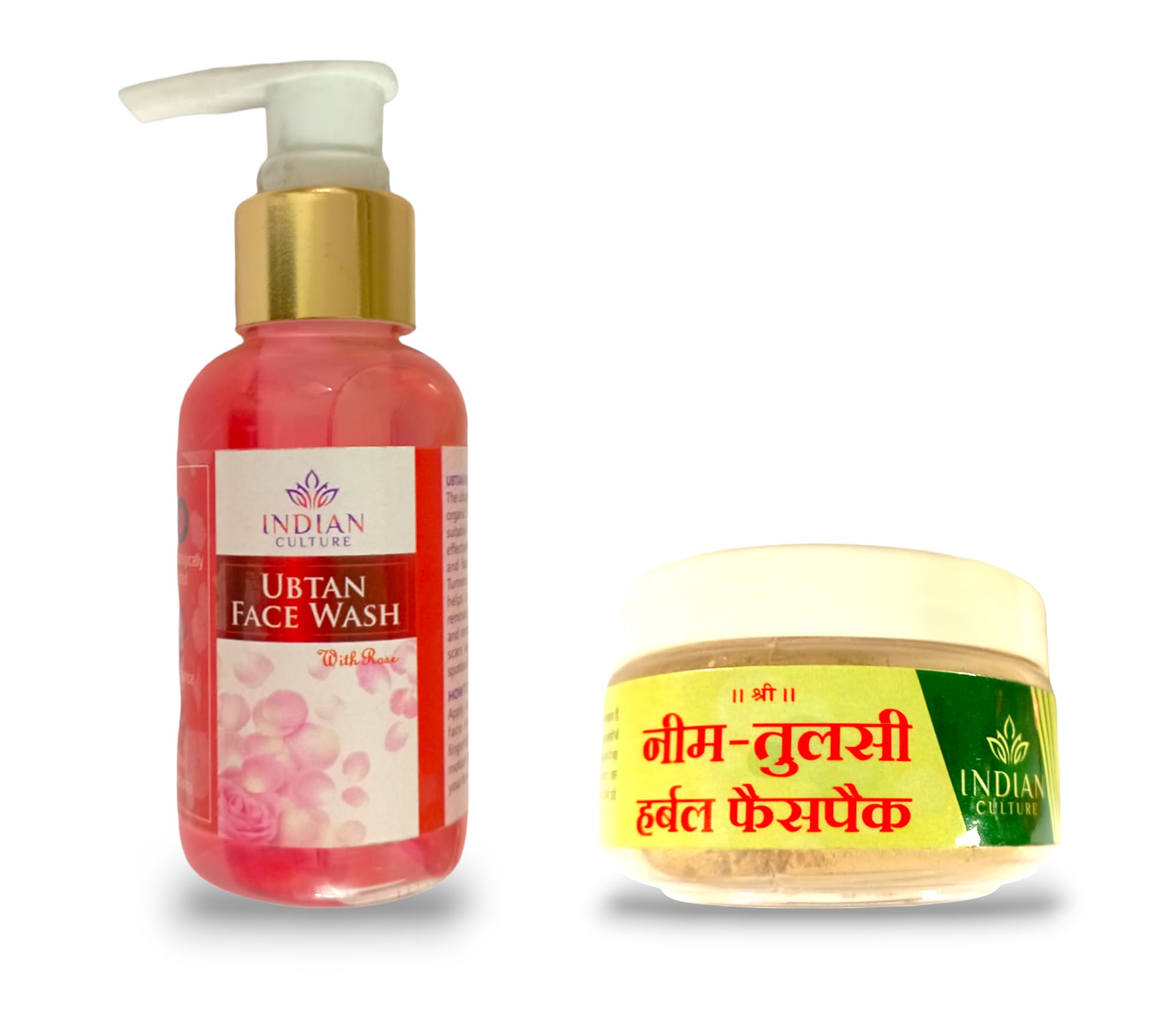 Indian Culture Natural Skincare Combo: Ubtan Rose Face Wash & Neem Tulsi Herbal Face Pack - Brightening, Tan Removal for Clear Radiant Skin with Rose, Neem & Tulsi | Daily Skincare Routine for Glowing Complexion
