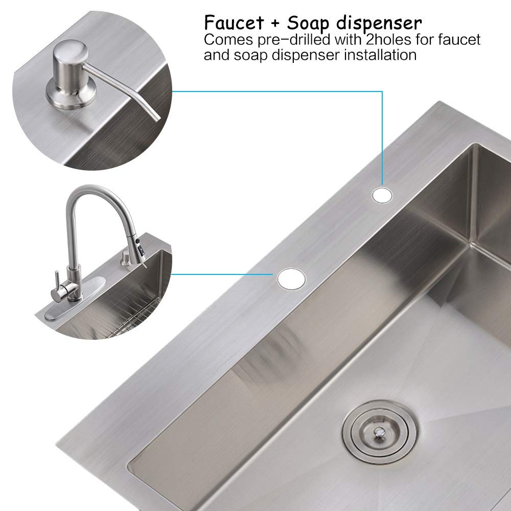**33-inch Drop-In Stainless Steel Kitchen Sink - VOKIM 16 Gauge Single Bowl Handmade Sink with Dish Grid, Basket Strainer & Soap Dispenser - Perfect for Modern Kitchens & Easy Meal Prep**