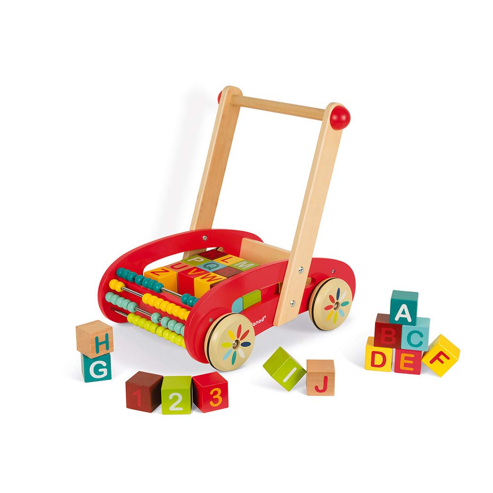 Janod Wooden ABC Buggy Cart with 30 Blocks - Educational Push Toy for Toddlers Ages 1-3 - Learning Alphabet & Motor Skills - Perfect for Indoor Play & Outdoor Walks - J05379