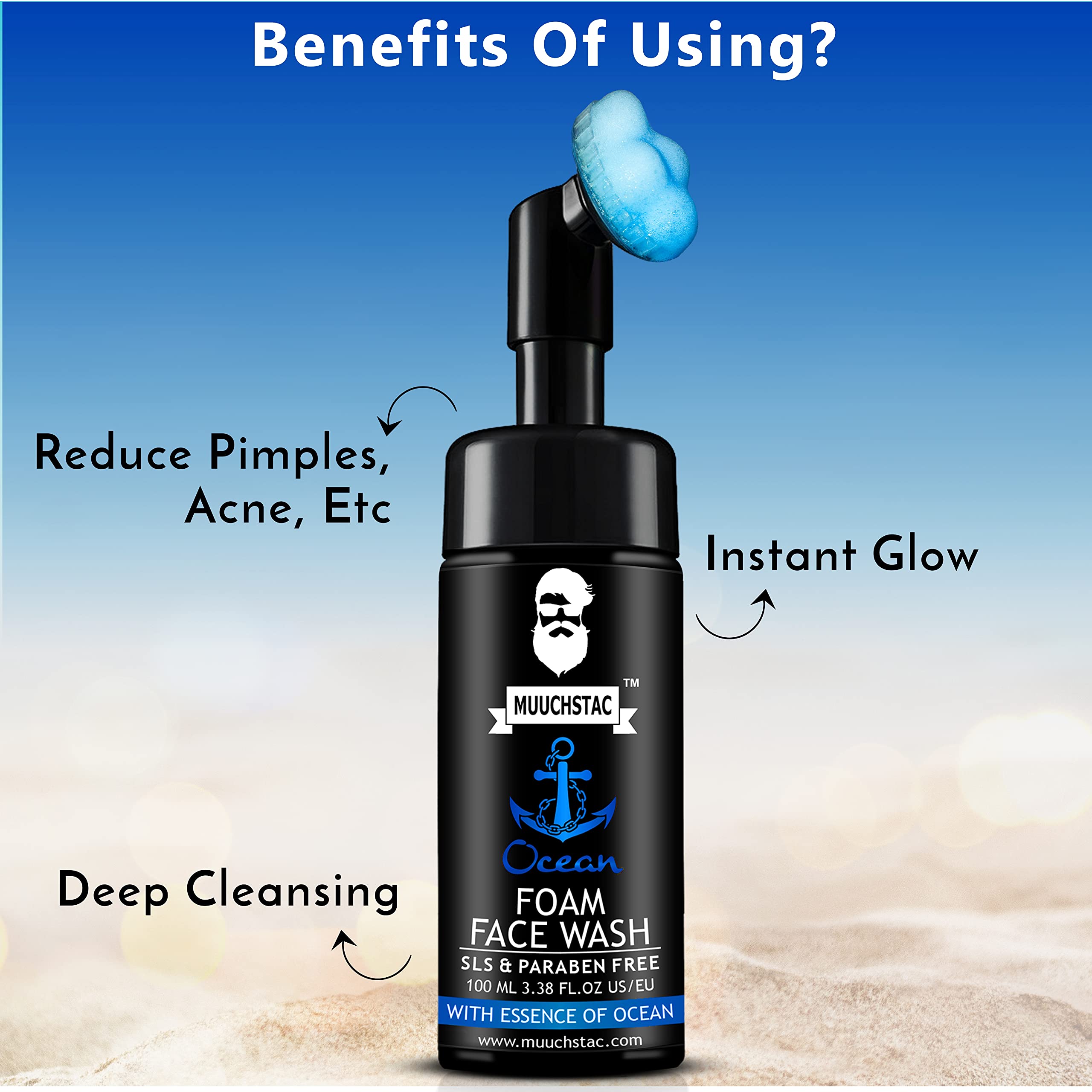 Muuchstac Ocean Foam Face Wash for Men - Acne Treatment & Oil Control Cleanser | Brightens Skin, Removes Dirt & Impurities | Refreshing Multi-Action Formula (100ml) | Perfect for Daily Skincare Routine & Travel