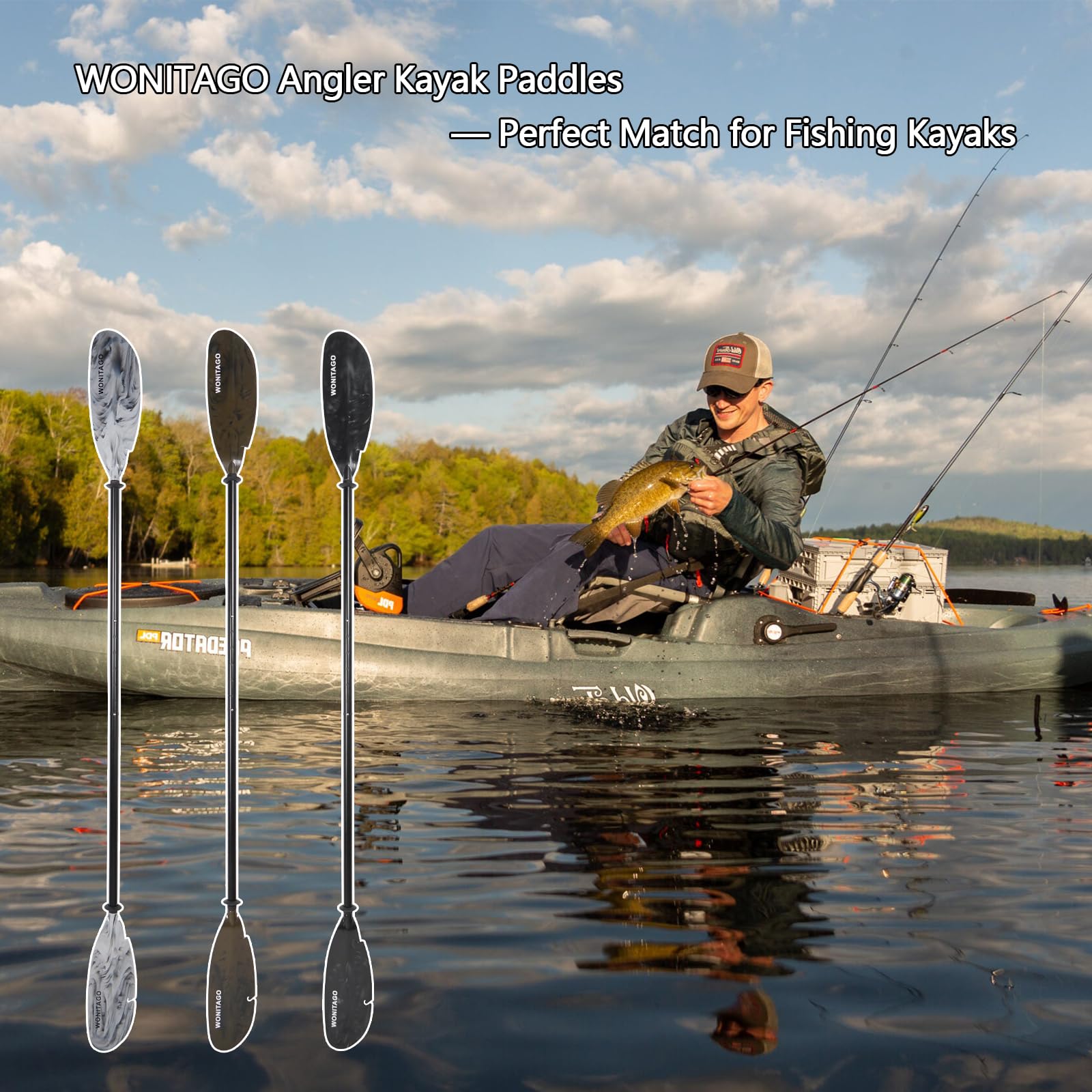 **Premium Aluminum Angler Kayak Paddles with Floating Plastic Blades & Adjustable Paddle Leash - 3-Piece Fishing Kayak Oars (230-250cm/90-98 inch) for Lakes, Rivers & Coastal Fishing Adventures**