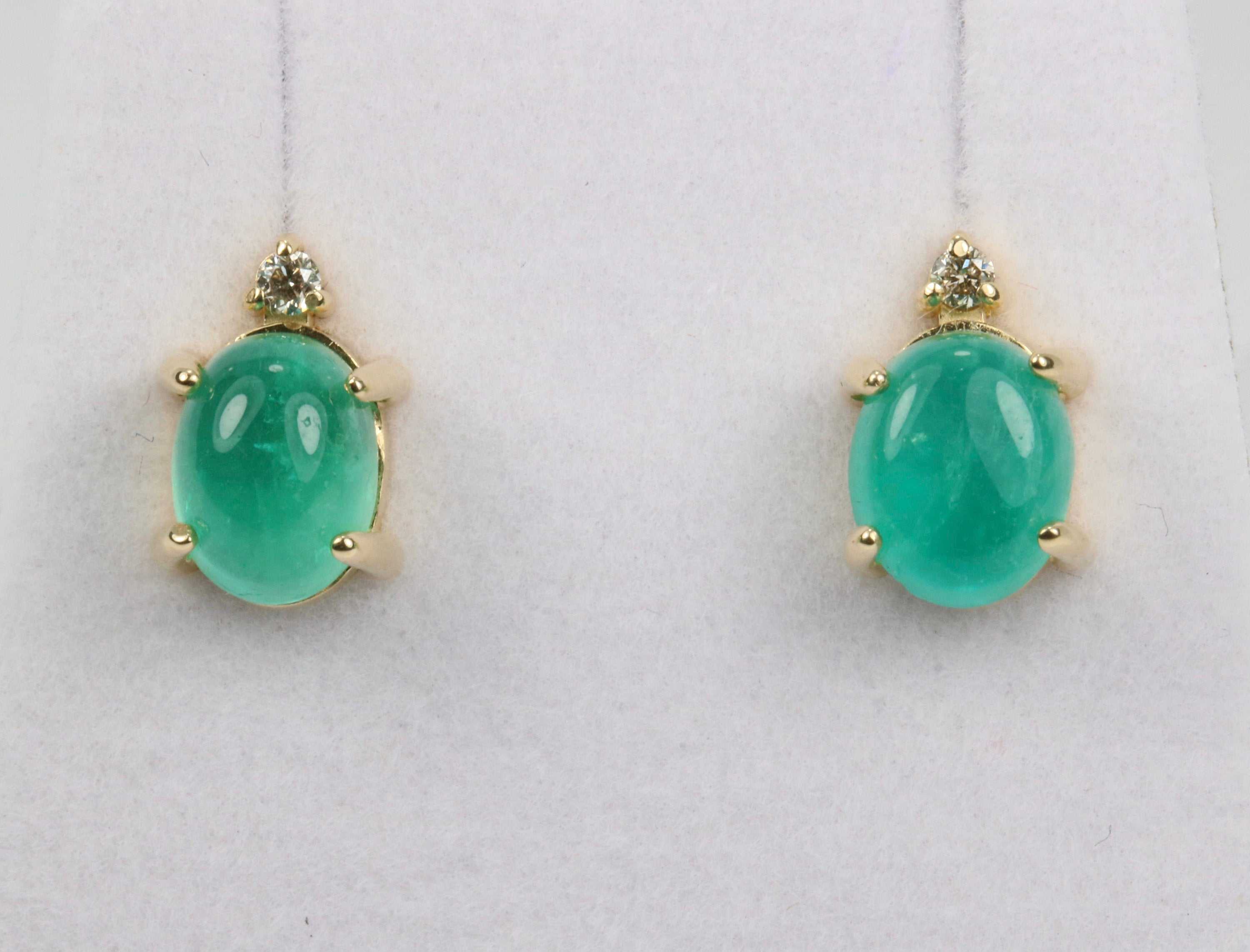 3.10tcw Cabochon Emerald & Diamond Stud Earrings in 14K Gold - Elegant Jewelry for Women, Perfect for Weddings, Parties & Special Occasions
