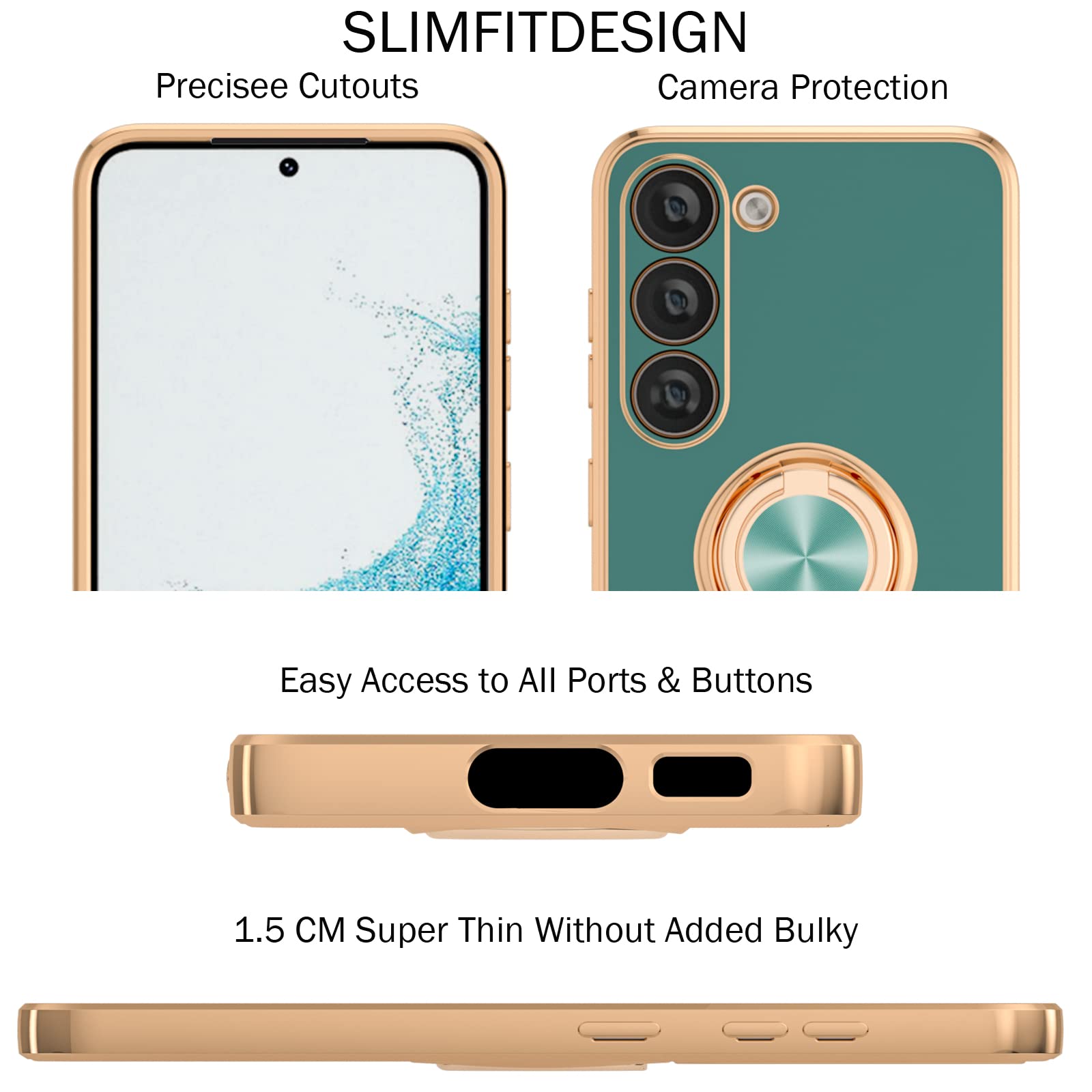 Samsung Galaxy S23 Phone Case with Ring Holder & 360° Kickstand - Rose Gold Edge, Slim Soft TPU Protective Cover + 2 Screen Protectors (Grey) - Perfect for Women's Daily Use, Work & Travel