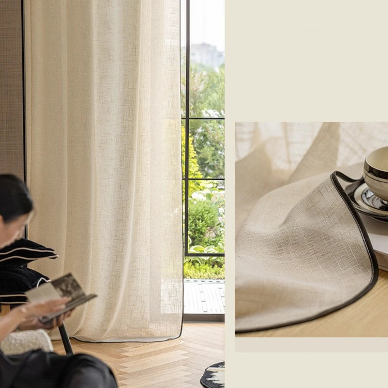 Kalani Linen Semi-Sheer Custom Curtains with Black Trim - Elegant Window Treatments for Living Room, Bedroom & Dining Room