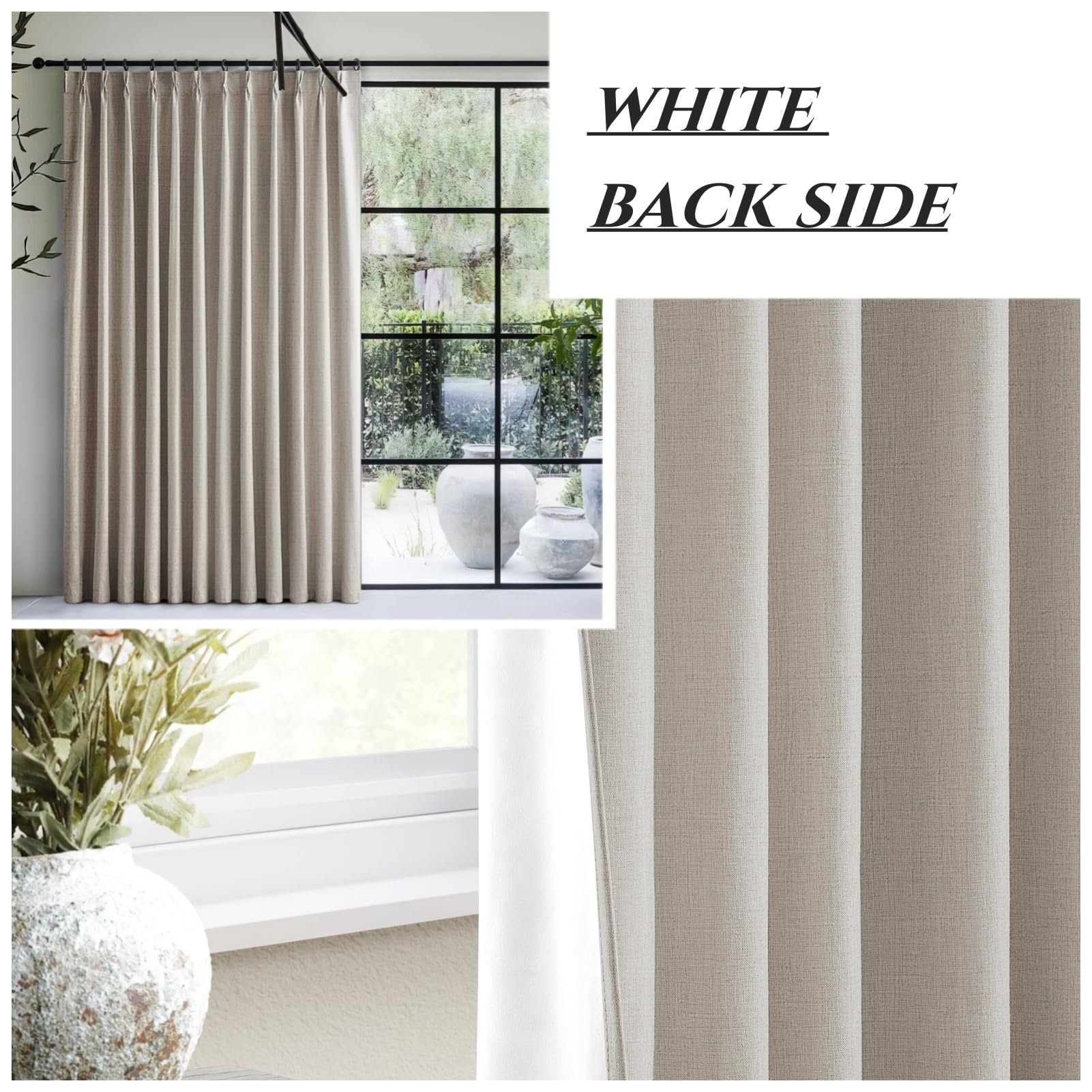 Premium 120 Inch Blackout Linen Curtains for Bedroom - Ceiling Mount Pinch Pleated Drapes with Back Tab, Thermal Insulated Sliding Door Panels for Patio, Farmhouse & Large Windows (Set of 2) - Perfect for Light Control & Privacy in Living Room, Nursery or Home Office