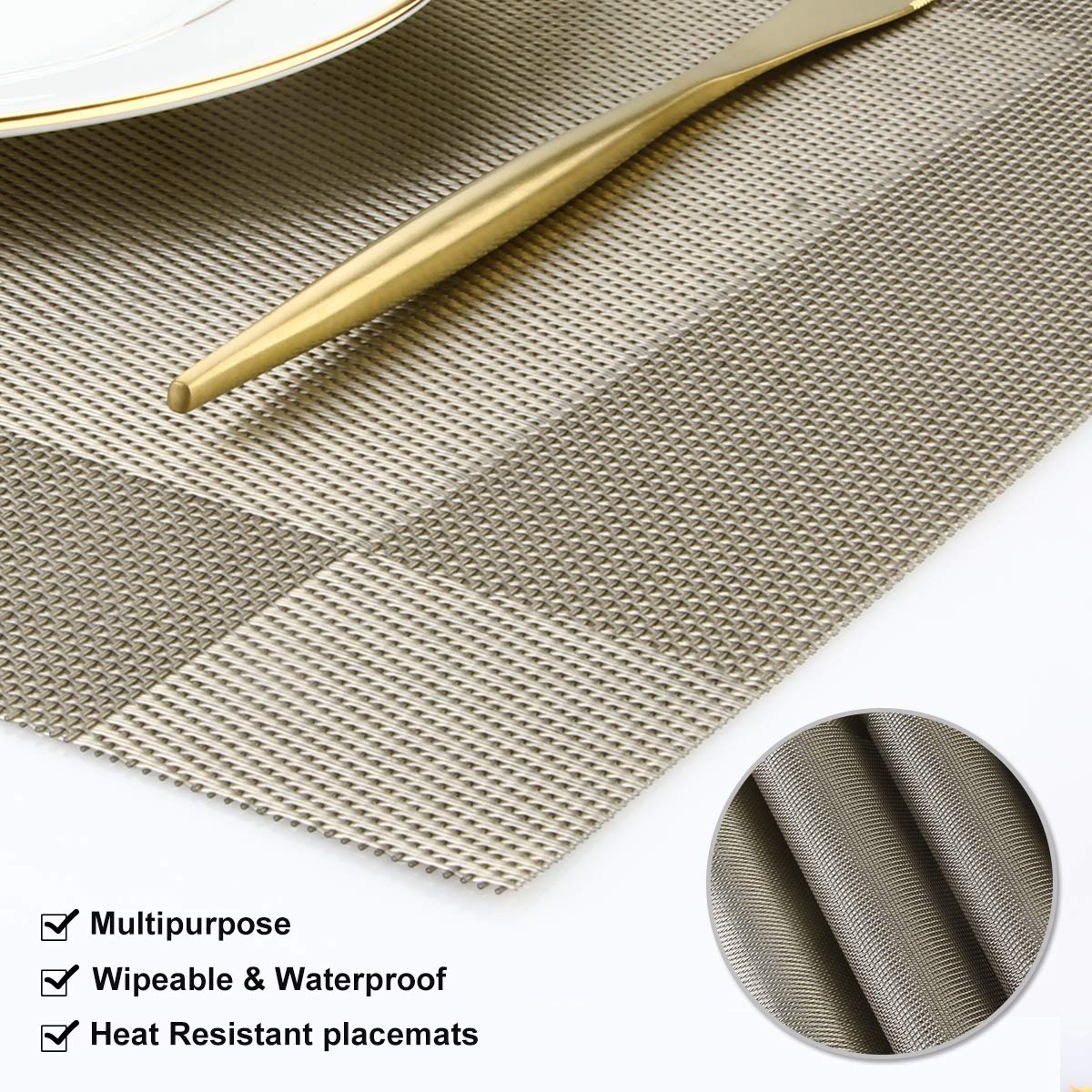 DACHUI Heat-Resistant PVC Placemats Set of 6 - Stain Proof, Non-Slip, Washable Vinyl Table Mats for Dining Room, Kitchen, Coffee Shop (Coffee-Cross Woven Design) - Perfect for Daily Meals, Parties & Restaurant Use